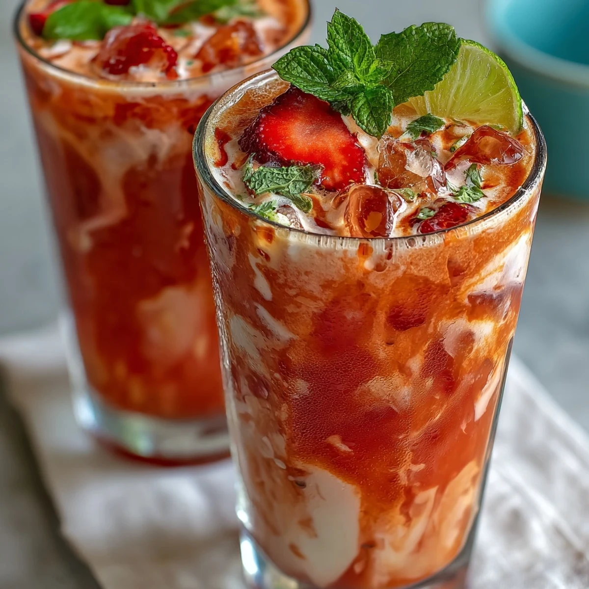 Vibrant DIY Iced Guava Passionfruit Drink layered over ice with lime and pineapple slices.