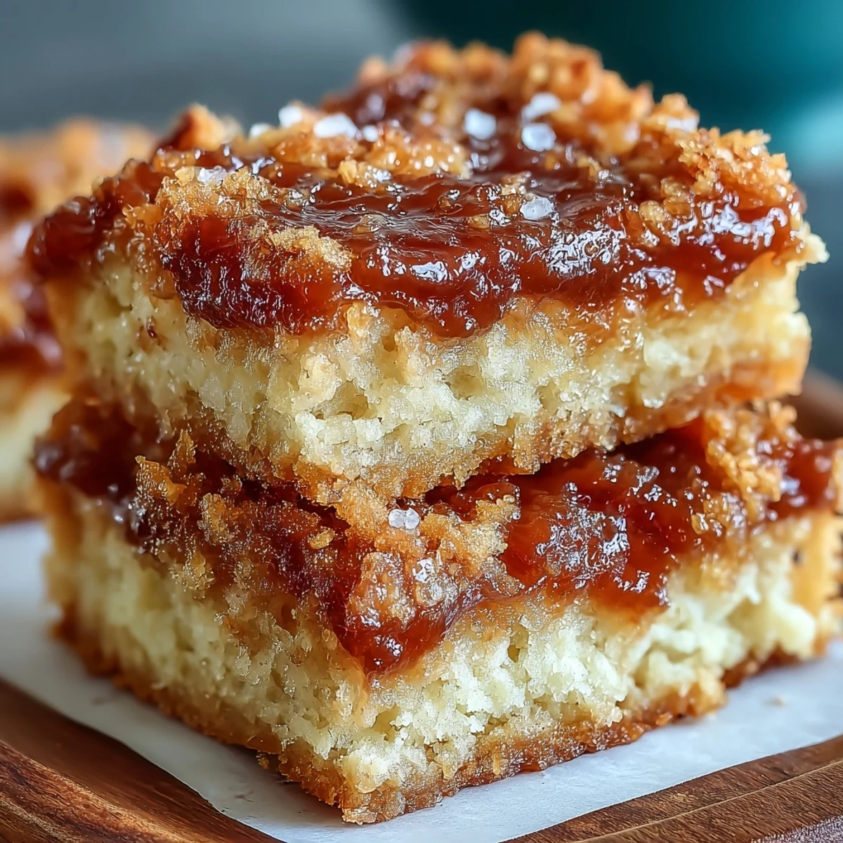 Overhead view of Guava Cake Bars with powdered sugar dusting, served on a rustic wooden board.