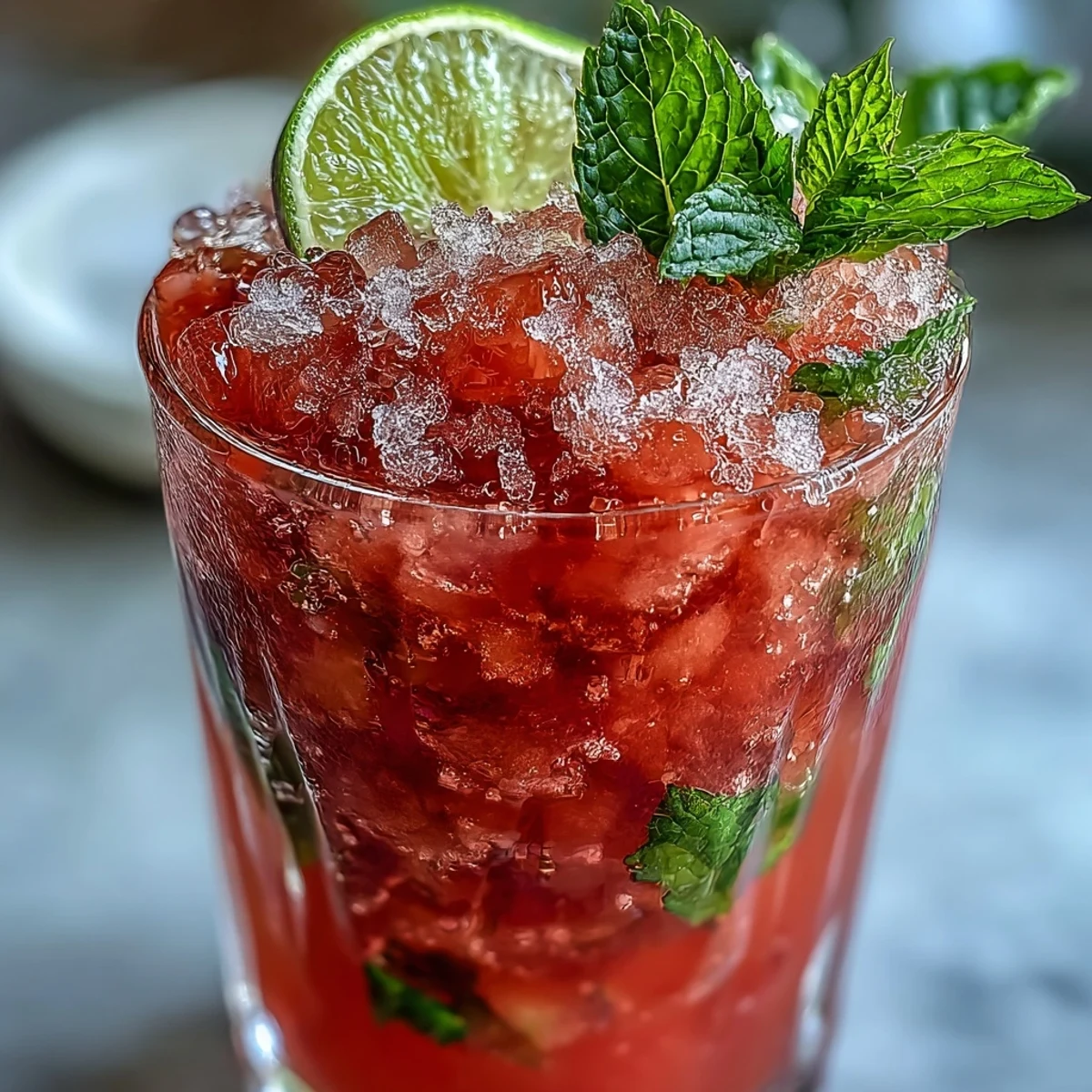 This refreshing guava mojito features pink nectar and mint, perfect for a sunny summer happy hour.
