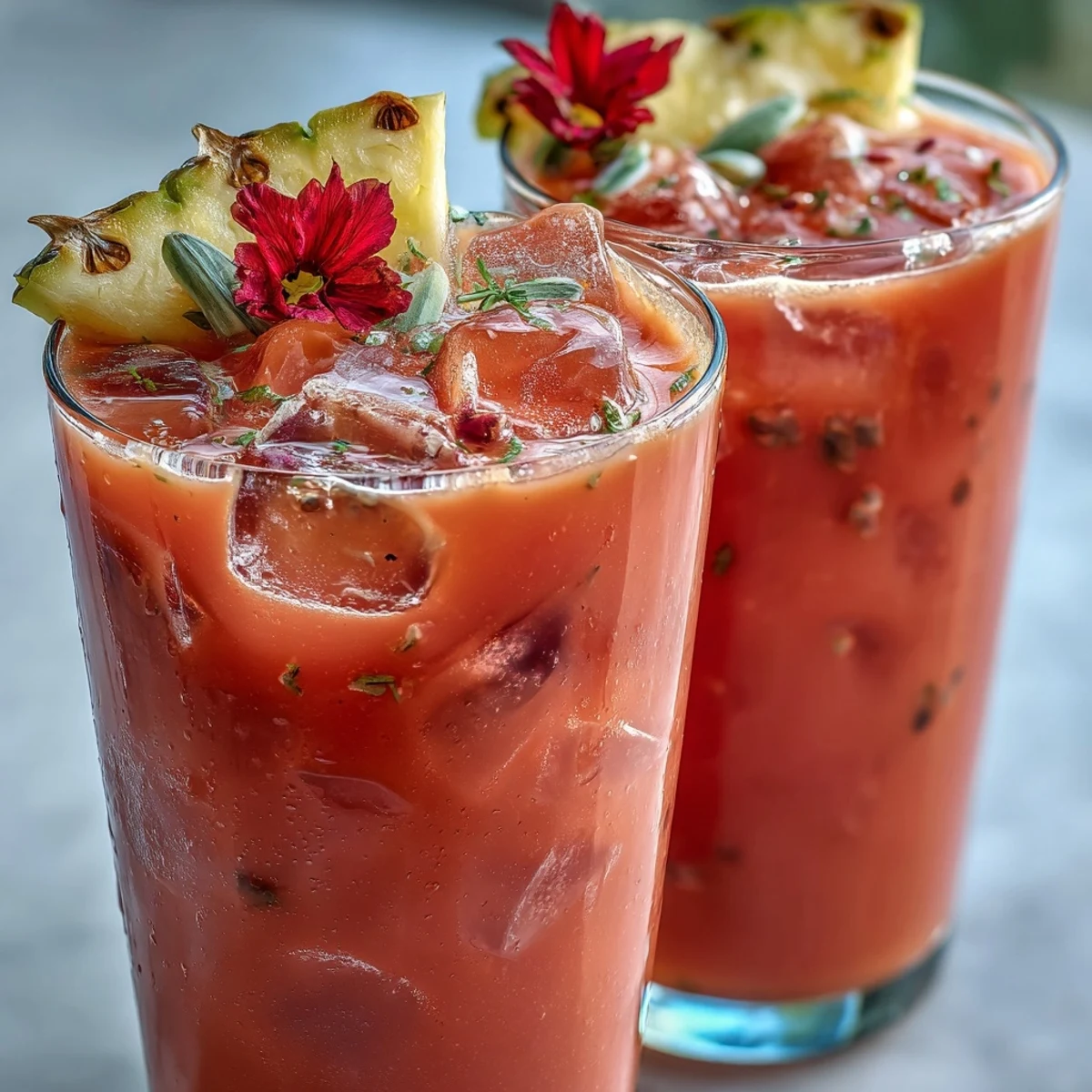 Iced Guava Passionfruit Drink in a tall glass over ice, garnished with a fresh pineapple wedge and vibrant edible flowers. 