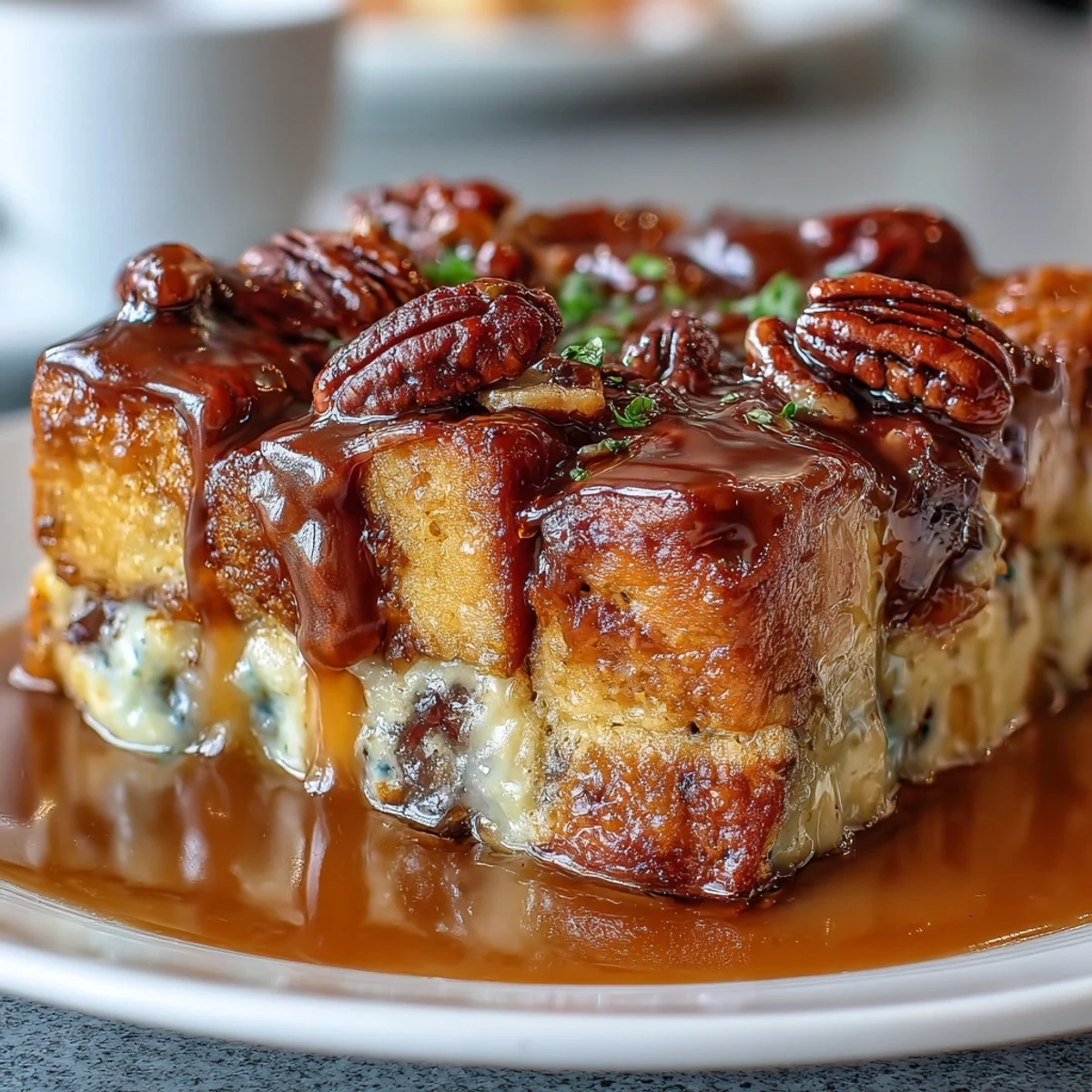 Warm Guava Caramel Bread Pudding With Pecans served in a slice, revealing creamy custard and vibrant guava swirls.