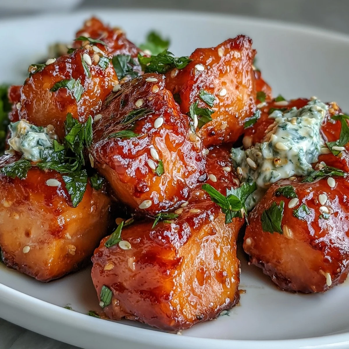 Golden-brown Bang Bang Salmon Bites glistening with creamy pink sauce, served over fluffy white rice with a lime wedge.