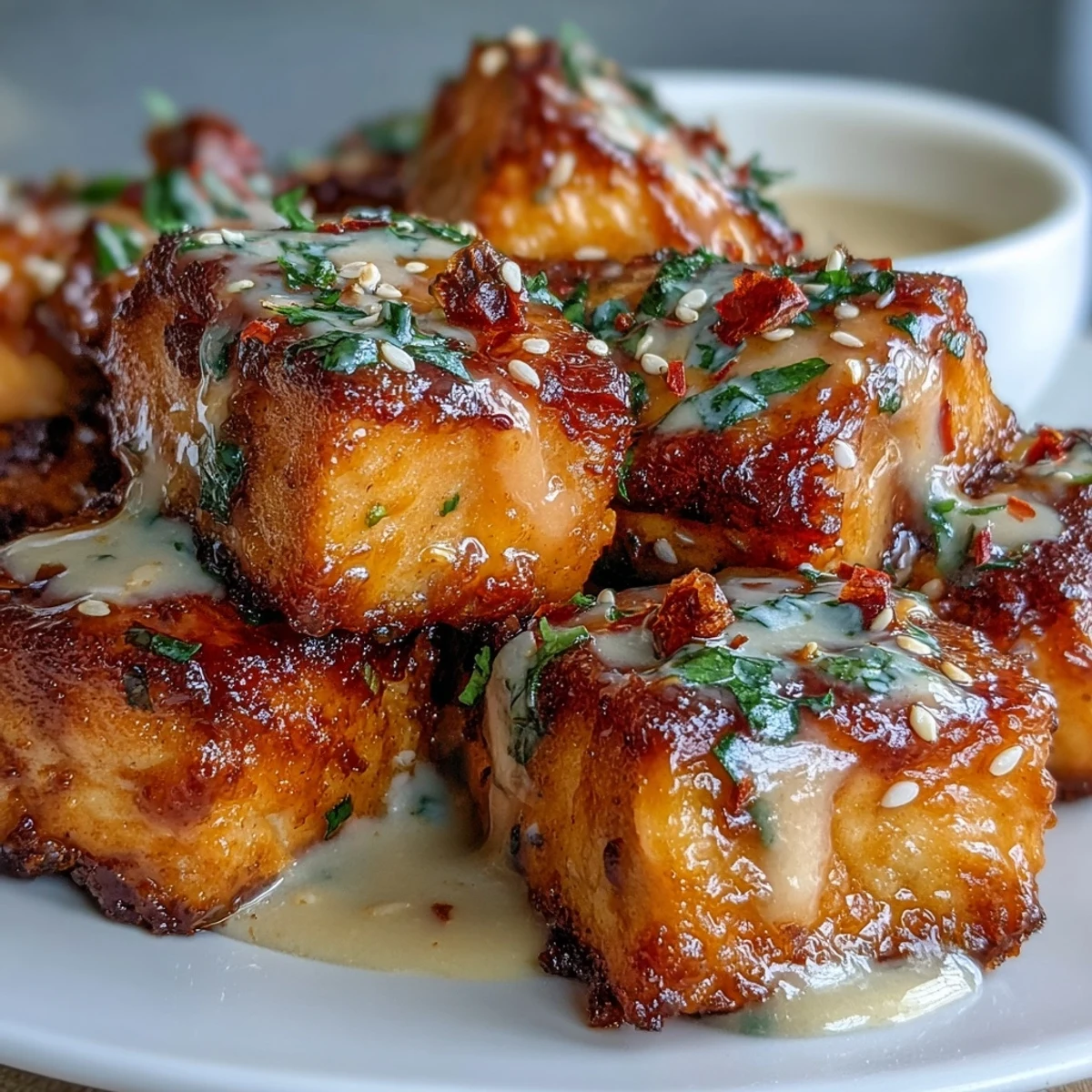 Crispy pan-seared Bang Bang Salmon Bites glazed in bang bang sauce, ready to be picked up for a delicious appetizer.
