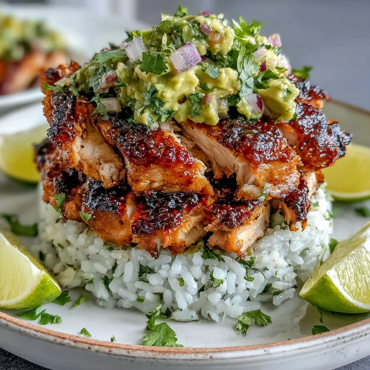 Sliced Tangy Honey Lime Chicken over fragrant jasmine rice and avocado salsa, ready to serve for dinner.