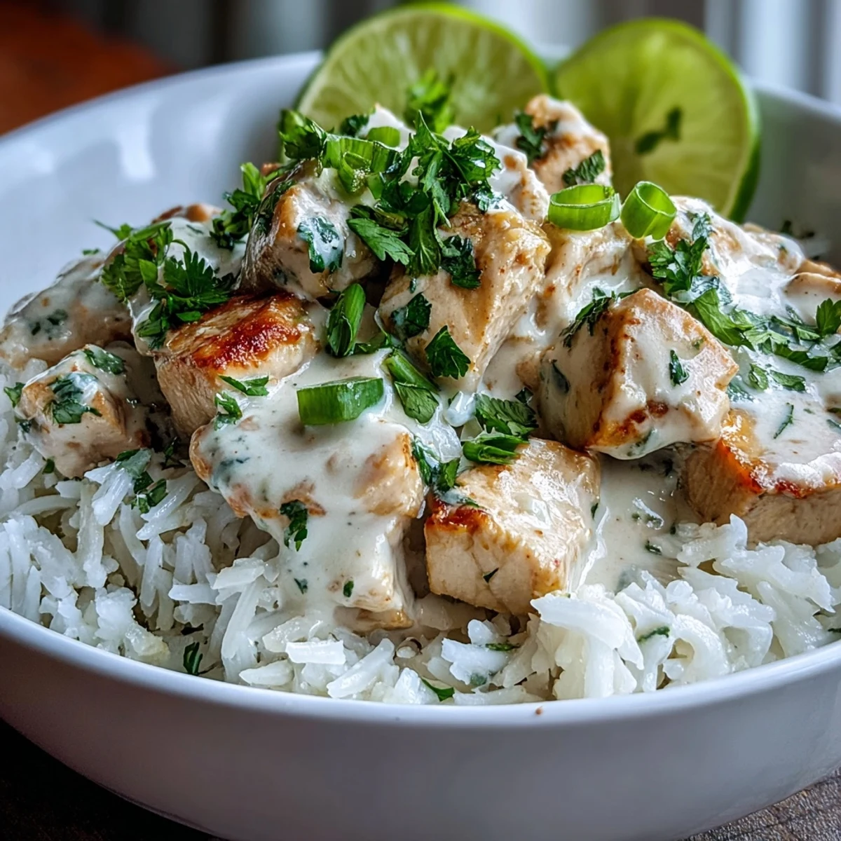 Creamy coconut chicken simmered in a luscious sauce, served over fluffy rice and topped with fresh cilantro.