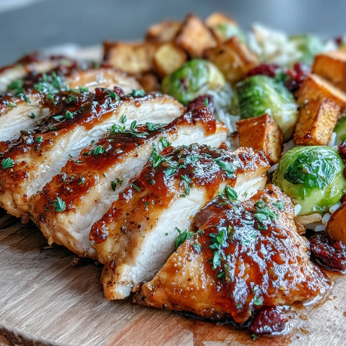 Golden brown Maple Dijon Chicken slices rest over roasted sweet potatoes and Brussels sprouts on a rice base.
