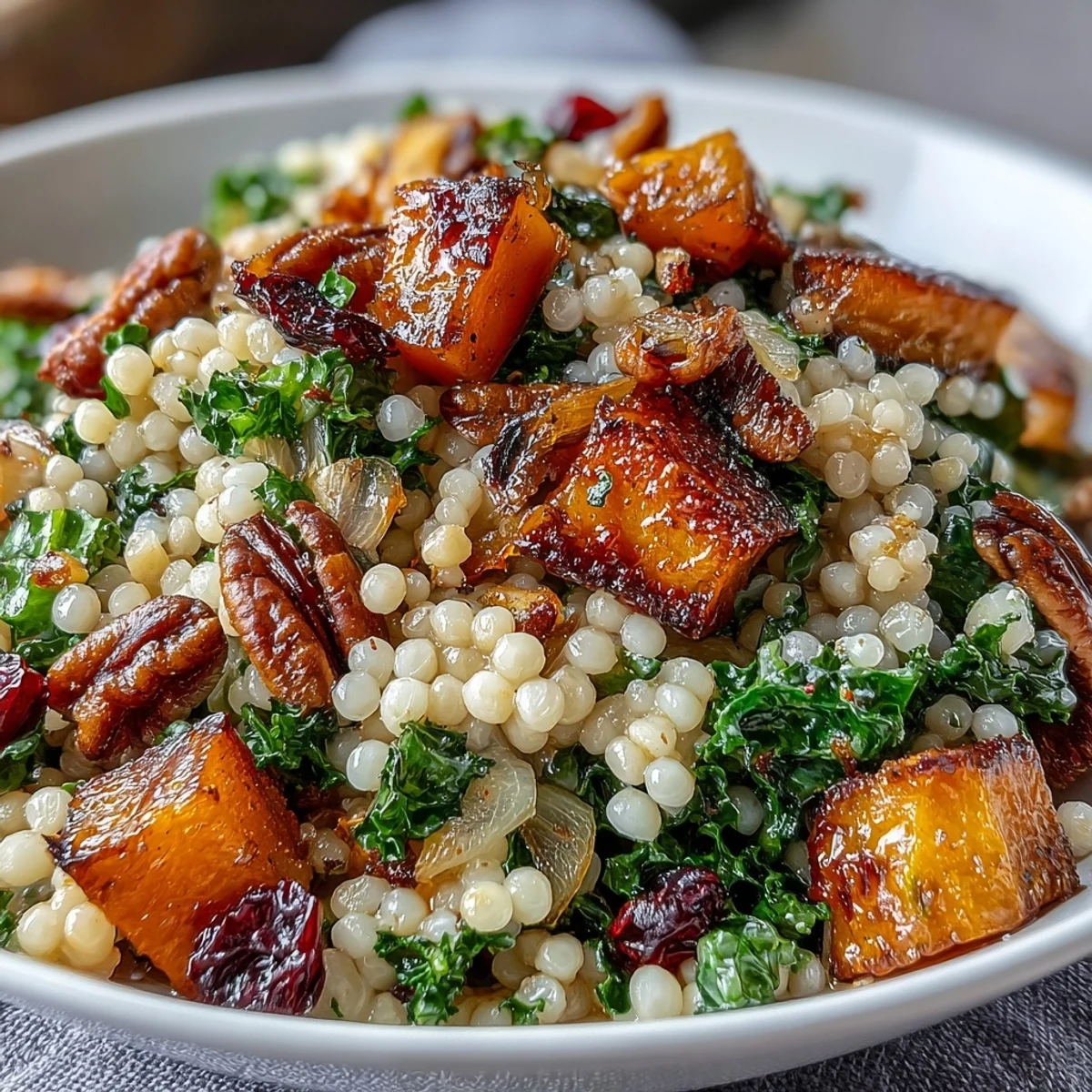 Bright orange roasted butternut squash and chewy cranberries shine in this Honey Autumn Pearl Couscous Salad.