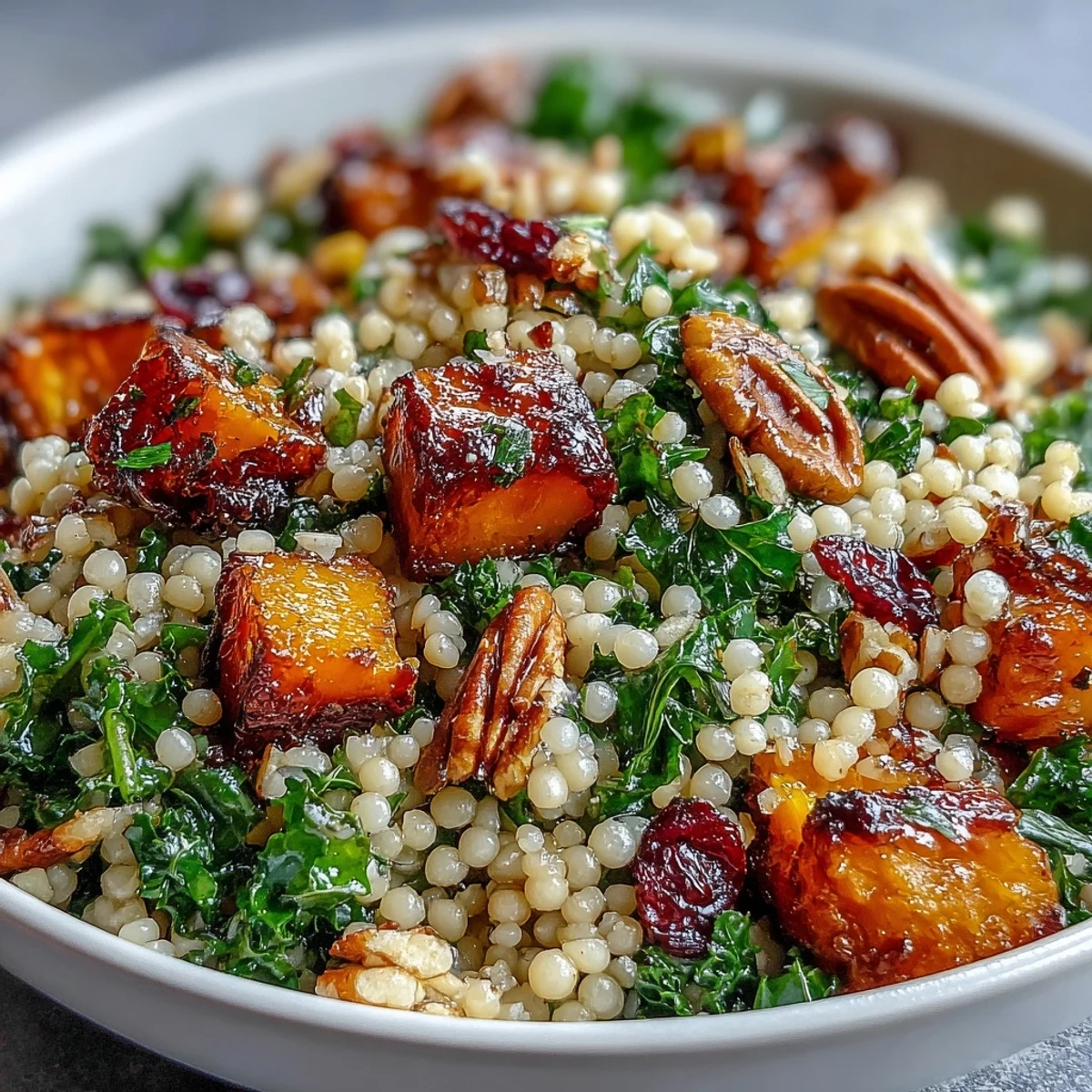 A drizzle of tangy honey-citrus dressing coats the tender pearl couscous in this autumn harvest bowl.