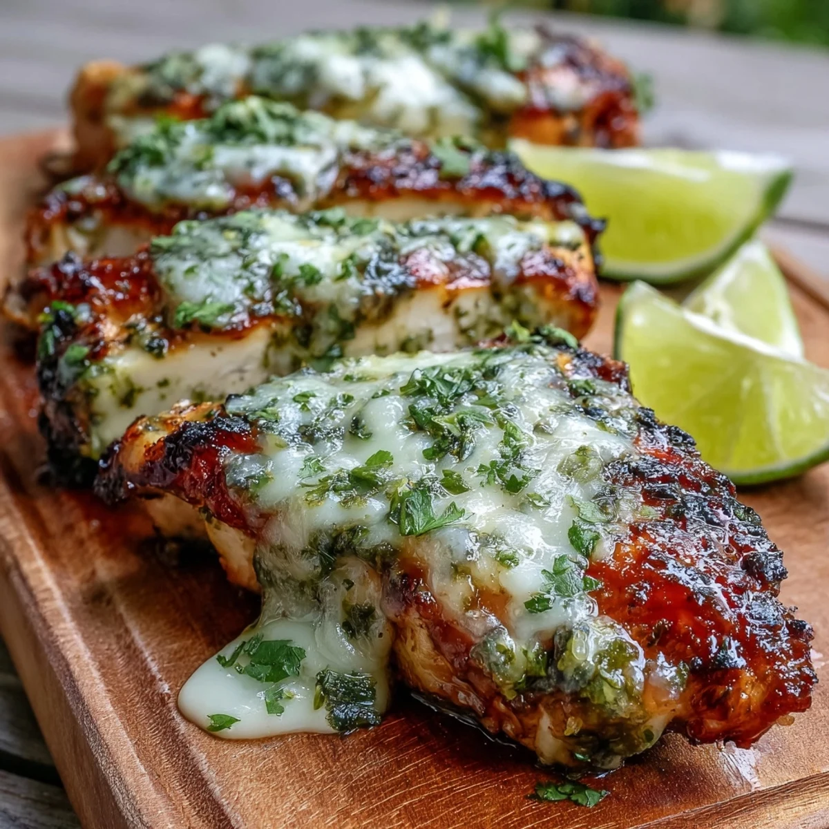 Grilled Salsa Verde Pepper Jack Chicken breasts sizzling on the grill with melted cheese.