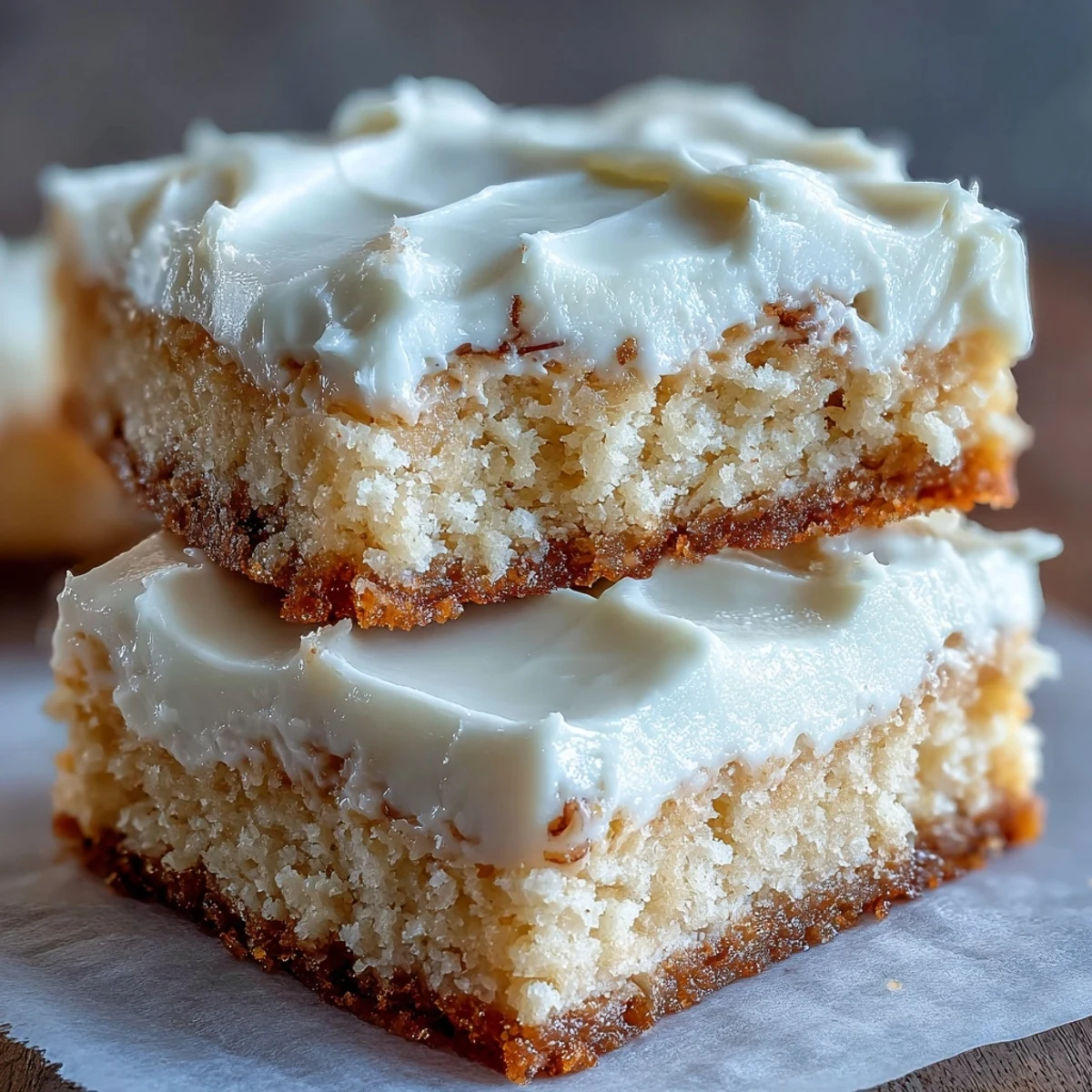 Golden-baked Almond Flour Sugar Cookie Bars topped with smooth frosting, cut into squares on a white plate.