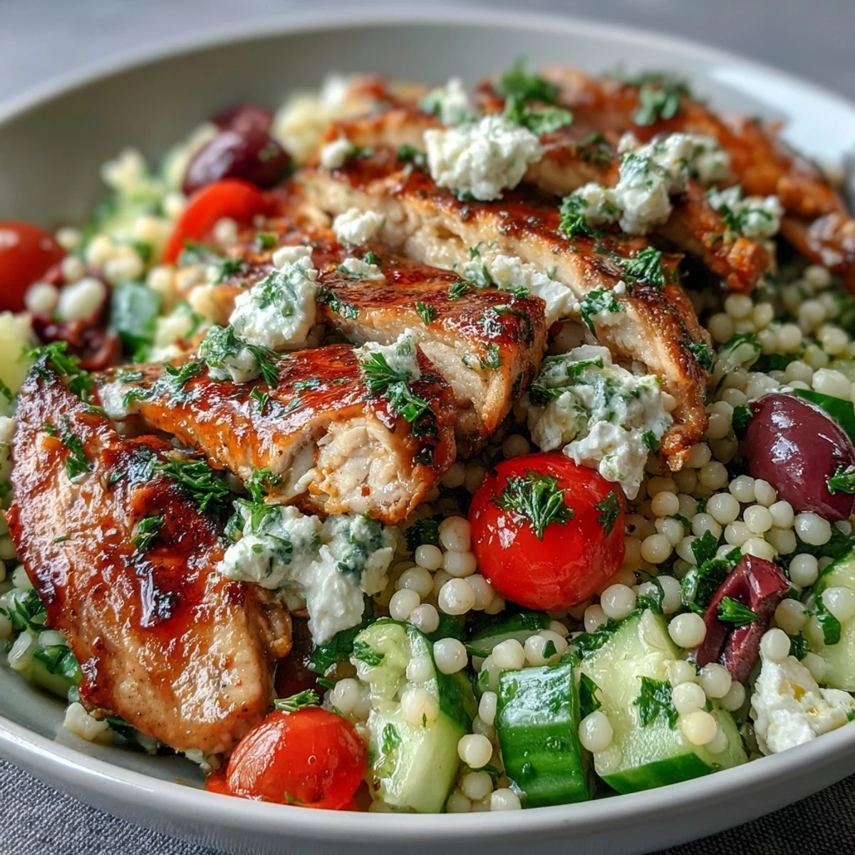 Golden Mediterranean Pearl Couscous Chicken Bowls feature juicy lemon-feta chicken strips over a bright salad of cherry tomatoes, cucumbers, and Kalamata olives.