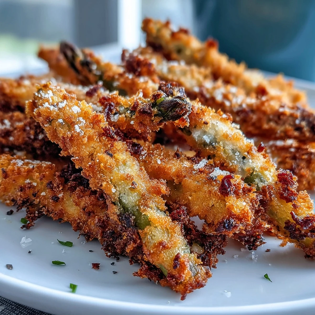 Golden-brown Crispy Chili-Garlic Asparagus Fries piled high with a crunchy panko and Asiago coating.