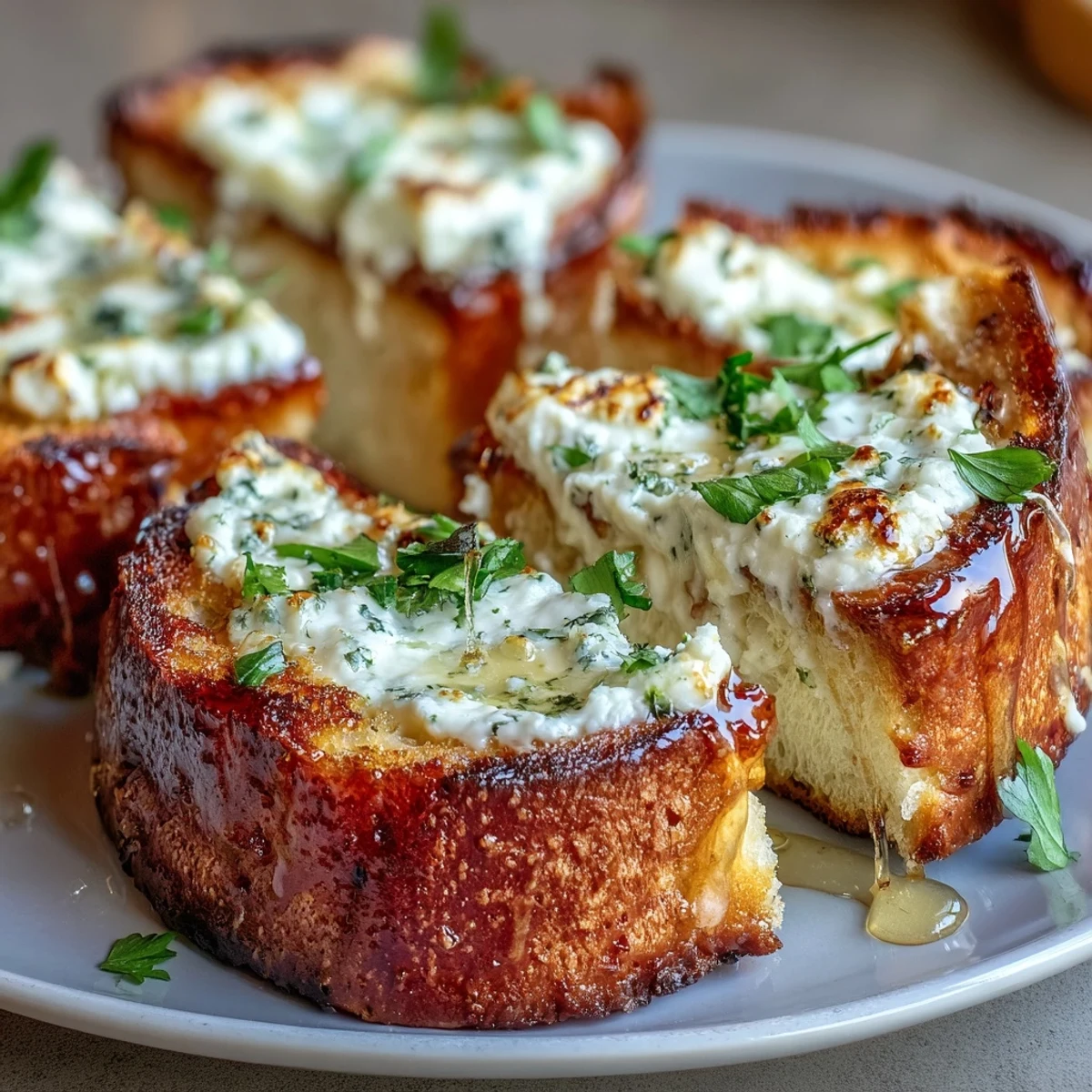 Golden-baked Hot Honey Ricotta Garlic Bread features a creamy ricotta-garlic spread on crusty French bread, finished with a vibrant red pepper flake drizzle.