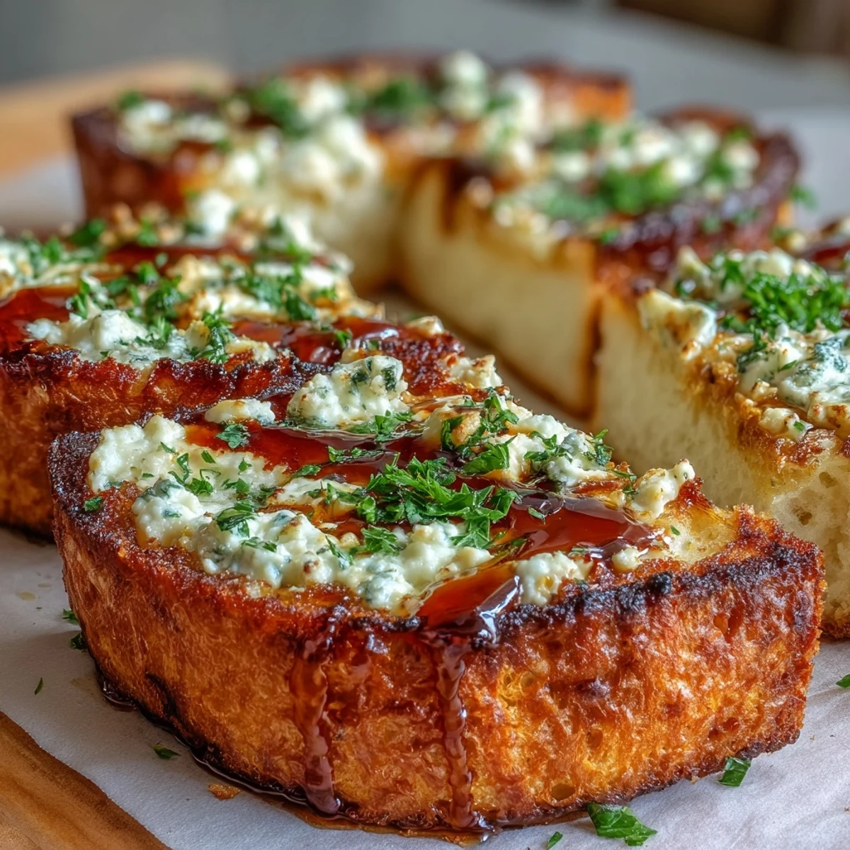 Freshly baked Hot Honey Ricotta Garlic Bread, sliced and served as an appetizer with melted Parmesan and a spicy honey drizzle.
