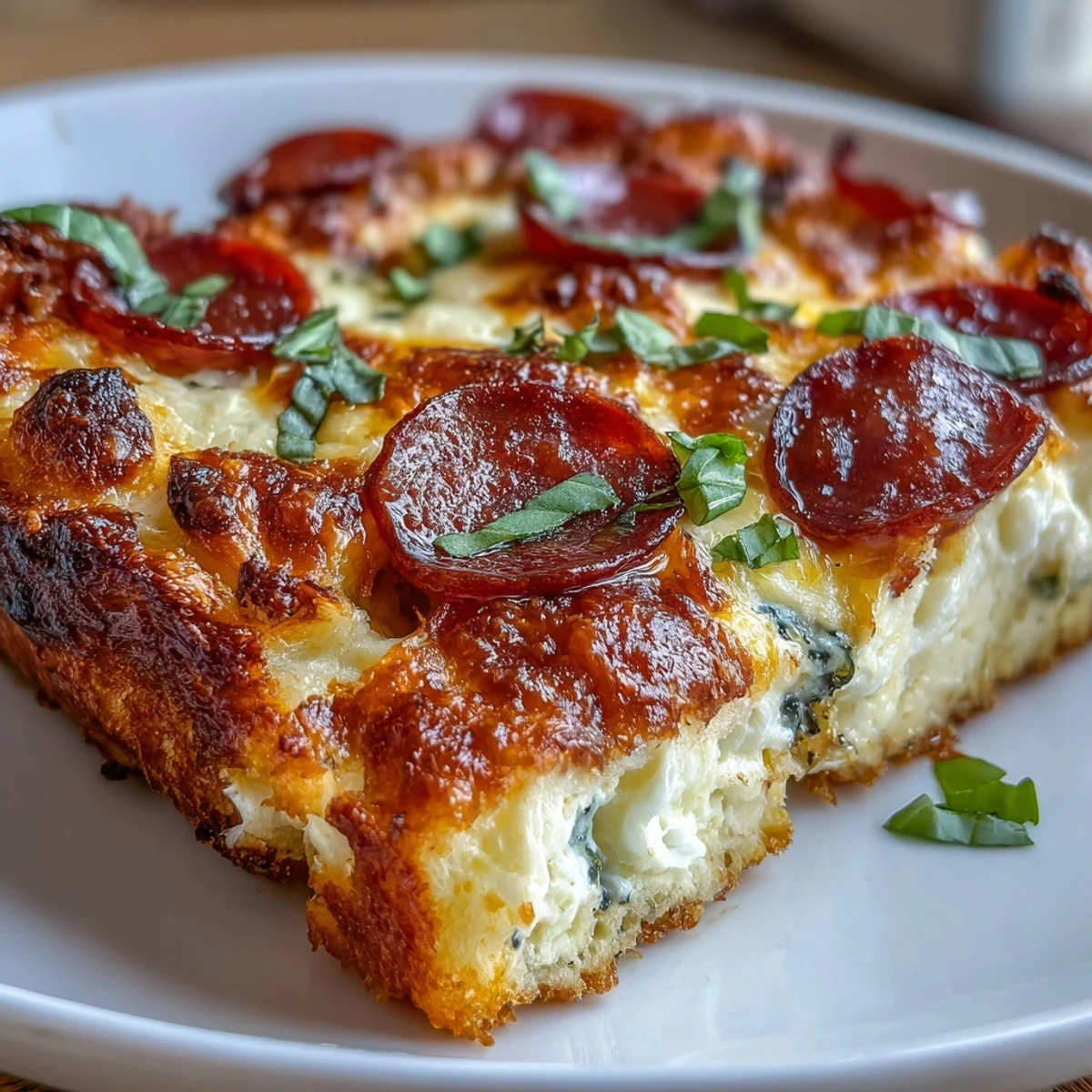 Freshly baked High-Protein Pizza Breakfast Casserole with golden eggs, melted mozzarella, and savory turkey pepperoni on a bubbly crust.