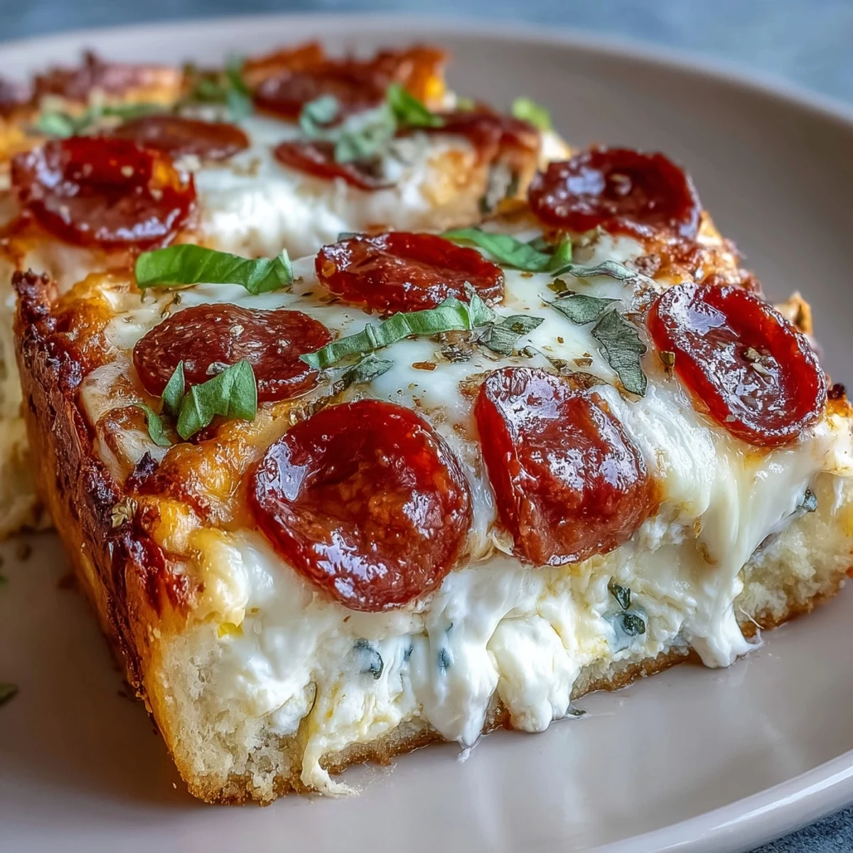 Sliced High-Protein Pizza Breakfast Casserole showing layers of Greek yogurt dough, fluffy egg filling, and colorful bell pepper toppings.