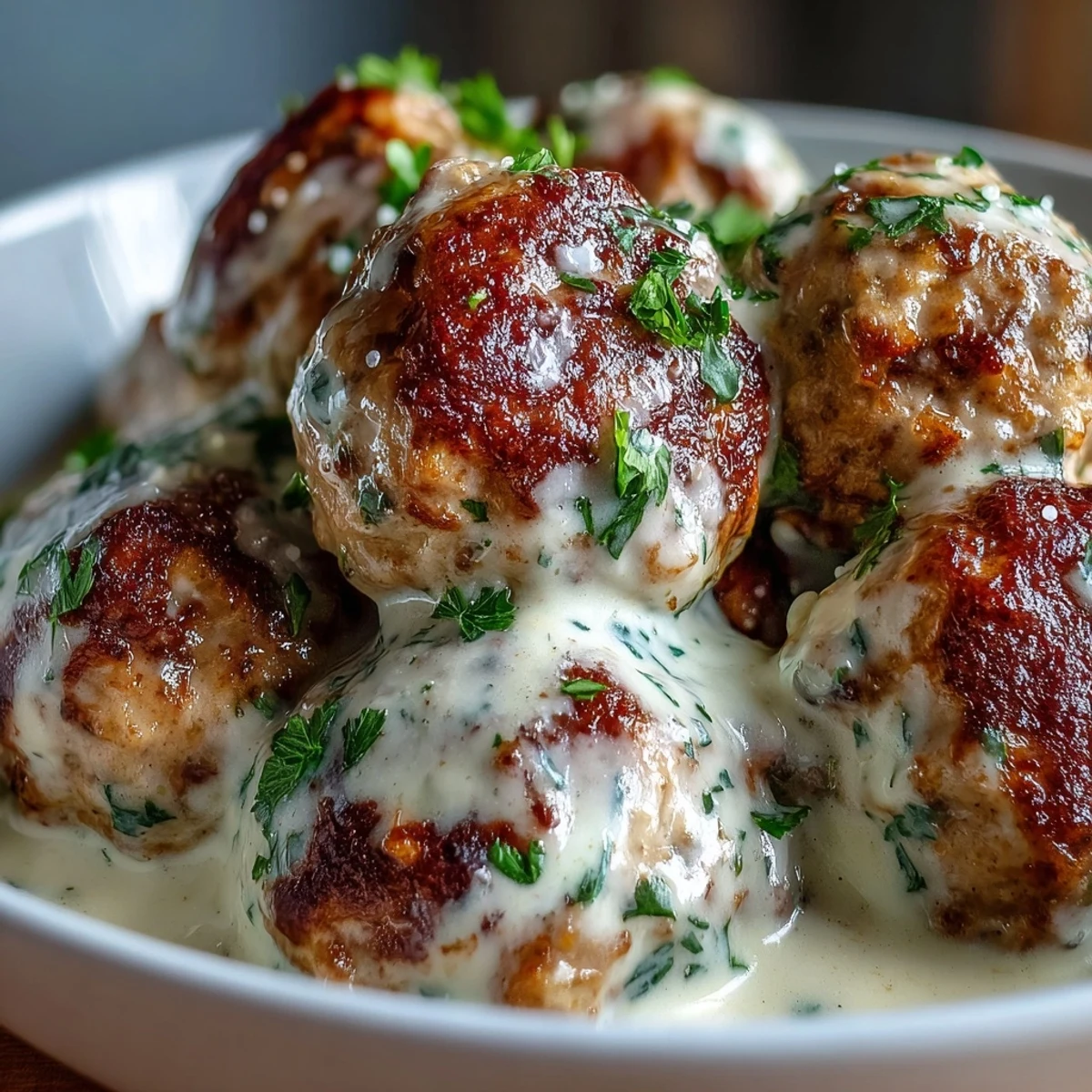 Golden brown Creamy Garlic Ranch Turkey Meatballs rest in a luscious white cream sauce, garnished with fresh parsley.