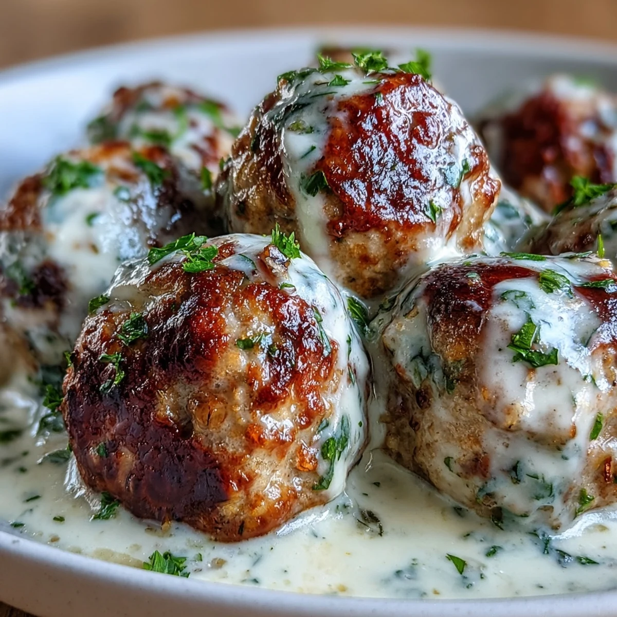 Overhead view of Creamy Garlic Ranch Turkey Meatballs coated in creamy ranch sauce, ready to be served over mashed potatoes.