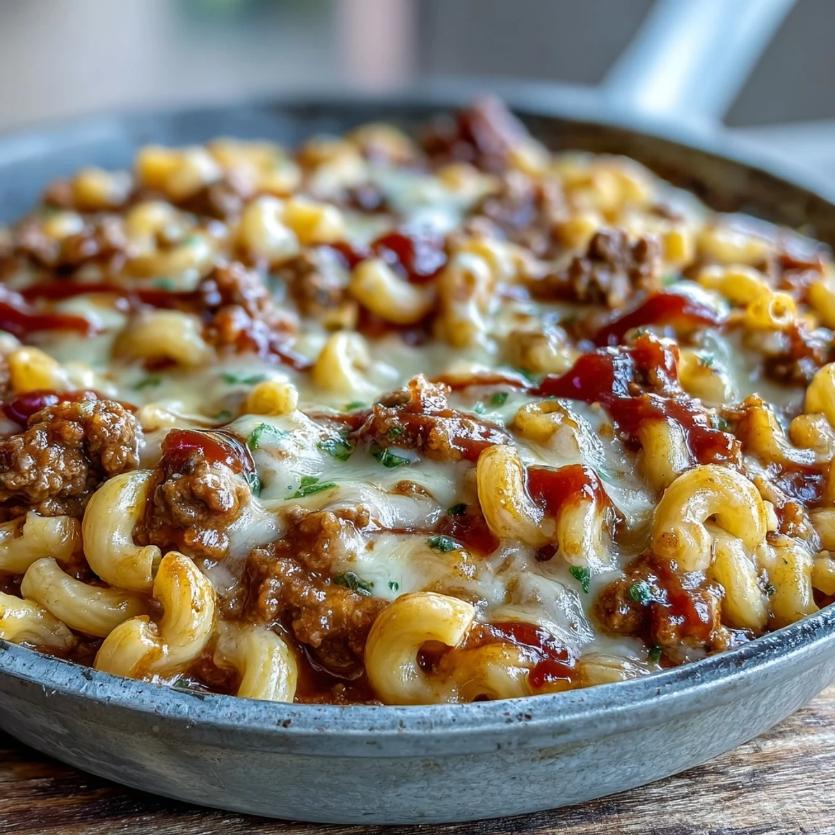 Steamy skillet of One-Pan Cheeseburger Chili Mac topped with melted cheddar, diced pickles, and fresh herbs.