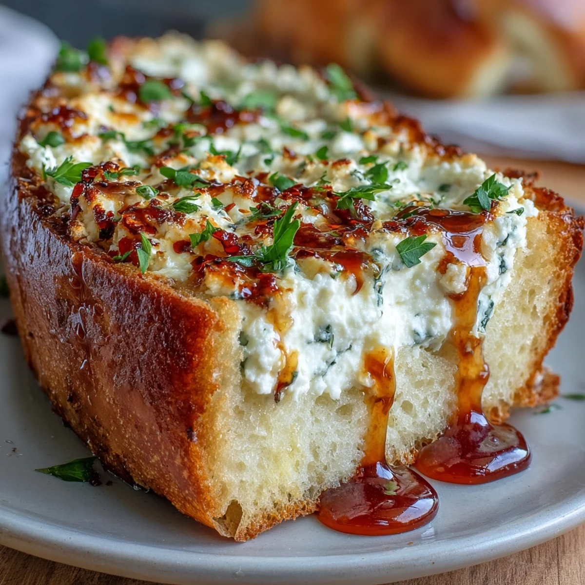 Slices of Hot Honey Ricotta Garlic Bread served warm, showing cheesy golden crust and vibrant red pepper flakes.