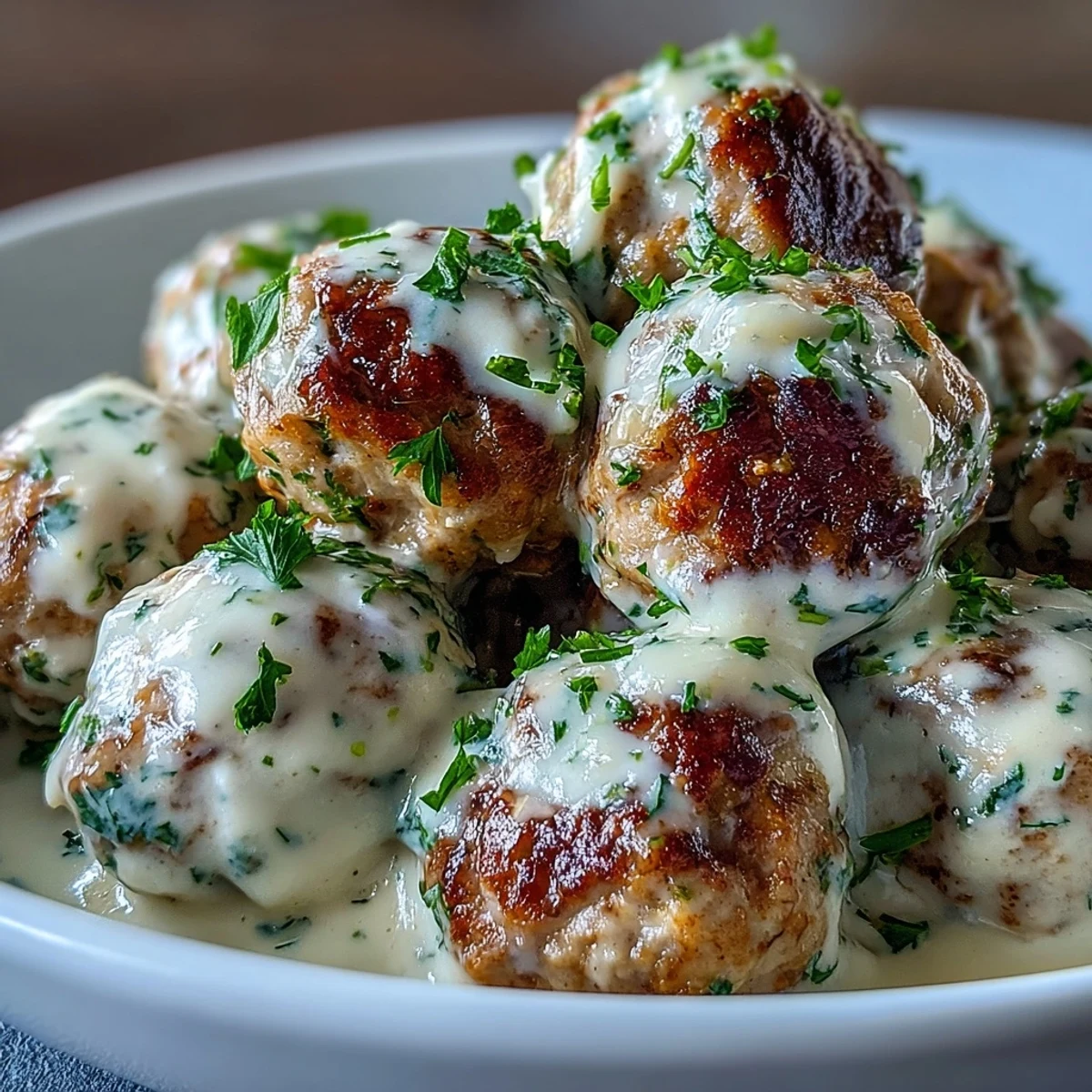 Baked Creamy Garlic Ranch Turkey Meatballs served hot over mashed potatoes with chives and crusty bread.