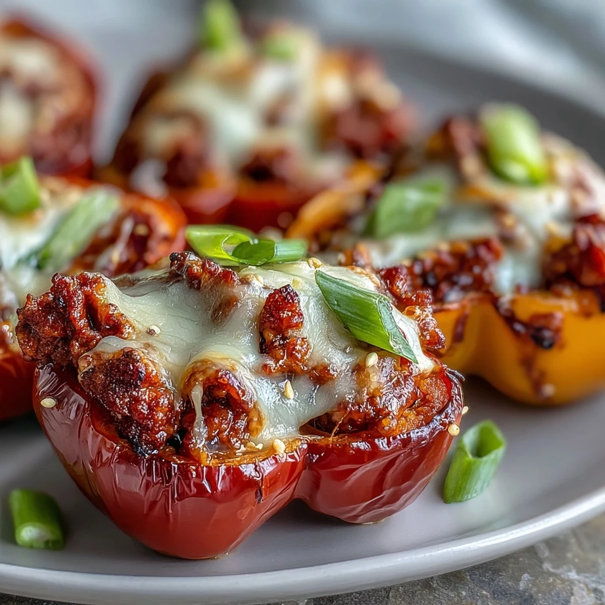 Twelve vibrant sweet mini peppers stuffed with Korean-Style Turkey Stuffed Sweet Peppers, their orange and red skins glistening under melted mozzarella after baking.
