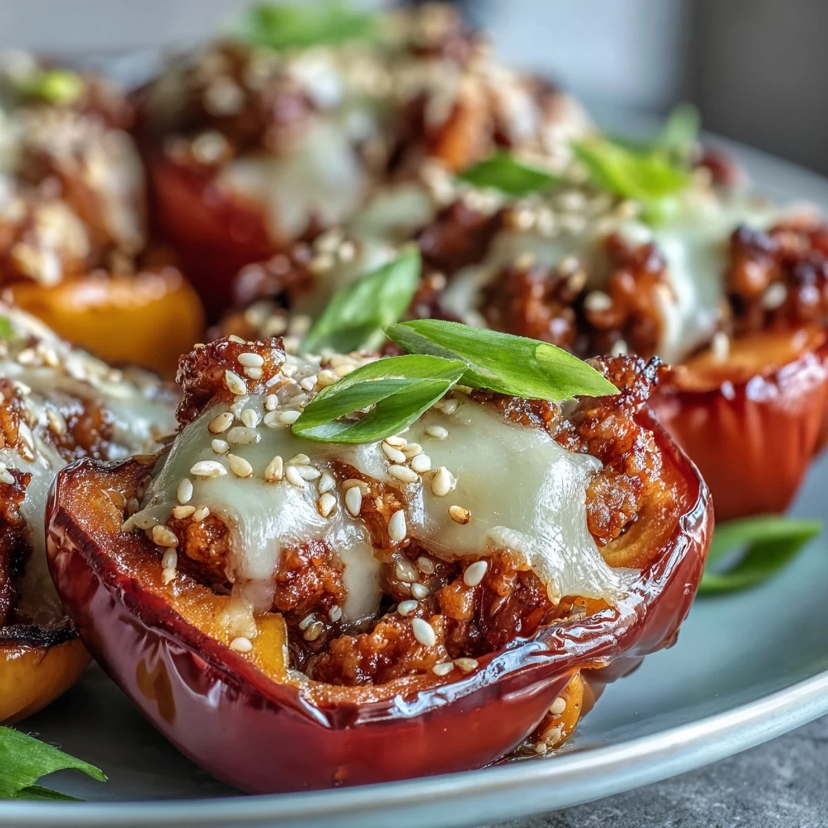 Golden, bubbling cheese tops these Korean-Style Turkey Stuffed Sweet Peppers, arranged on a baking sheet with a drizzle of spicy sauce nearby.