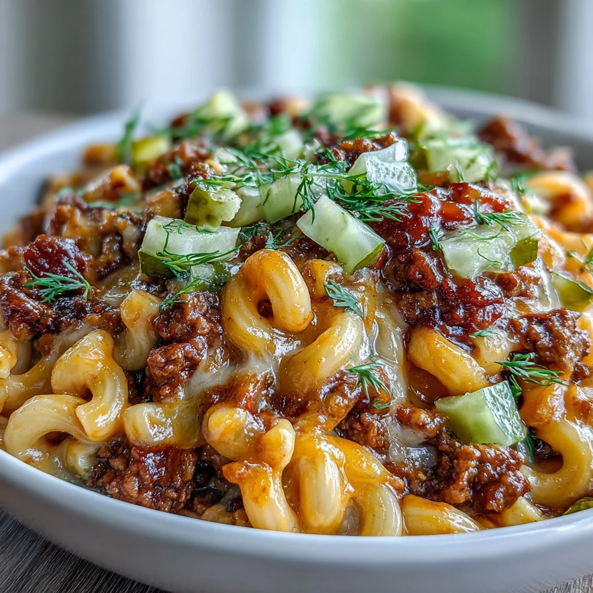 Golden, melted cheddar coats the creamy One-Pan Cheeseburger Chili Mac, topped with chopped pickles.