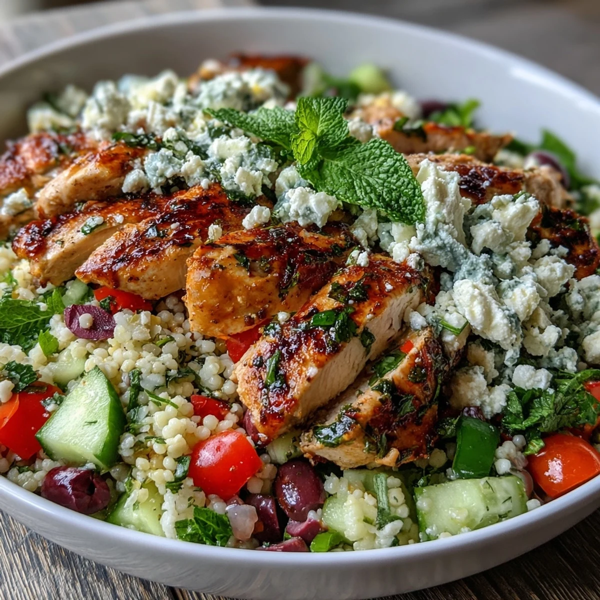 Colorful Mediterranean Pearl Couscous Chicken Bowls showcase juicy chicken atop herby couscous and diced bell peppers, ready to serve.