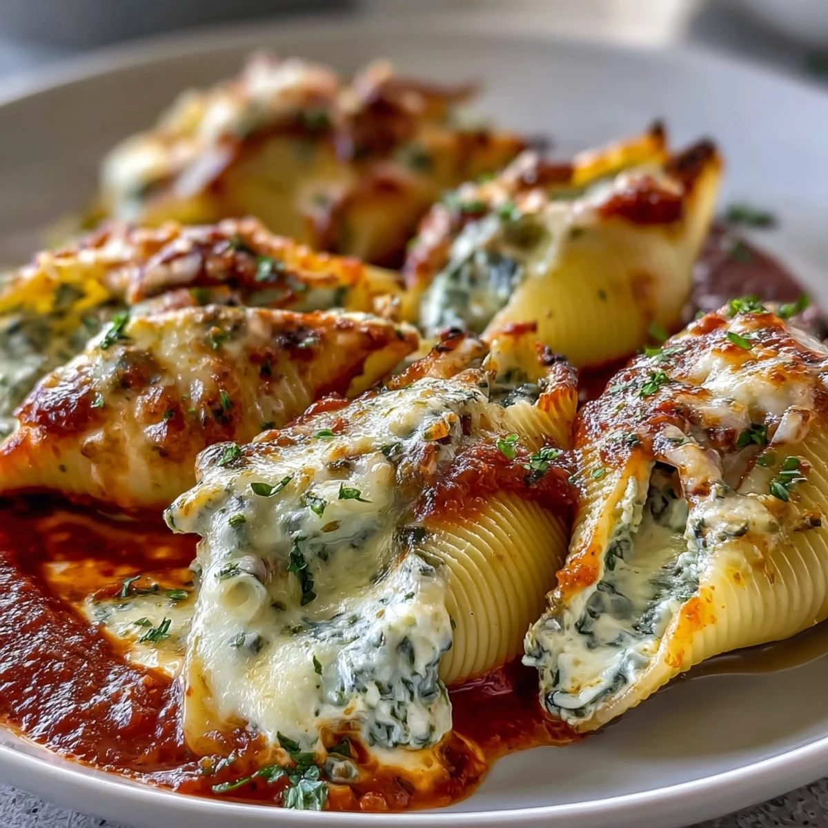 Fresh basil garnish tops saucy jumbo pasta shells filled with creamy chicken mixture.