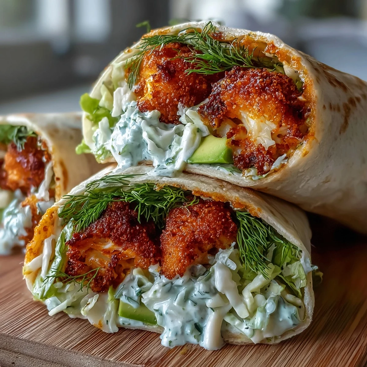 Vegan Buffalo Cauliflower Wraps with Ranch Slaw sit on a rustic wooden board with fresh herbs, showcasing a hearty, dairy-free lunch or dinner idea.