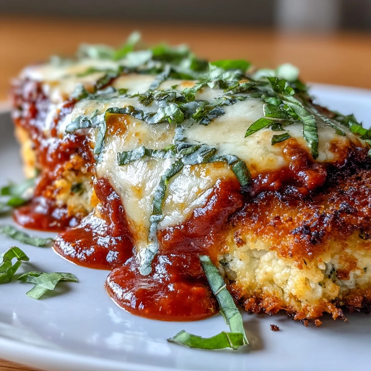 Fresh basil garnish adds aroma to this low-carb Italian-American chicken parmesan baked in a casserole dish.