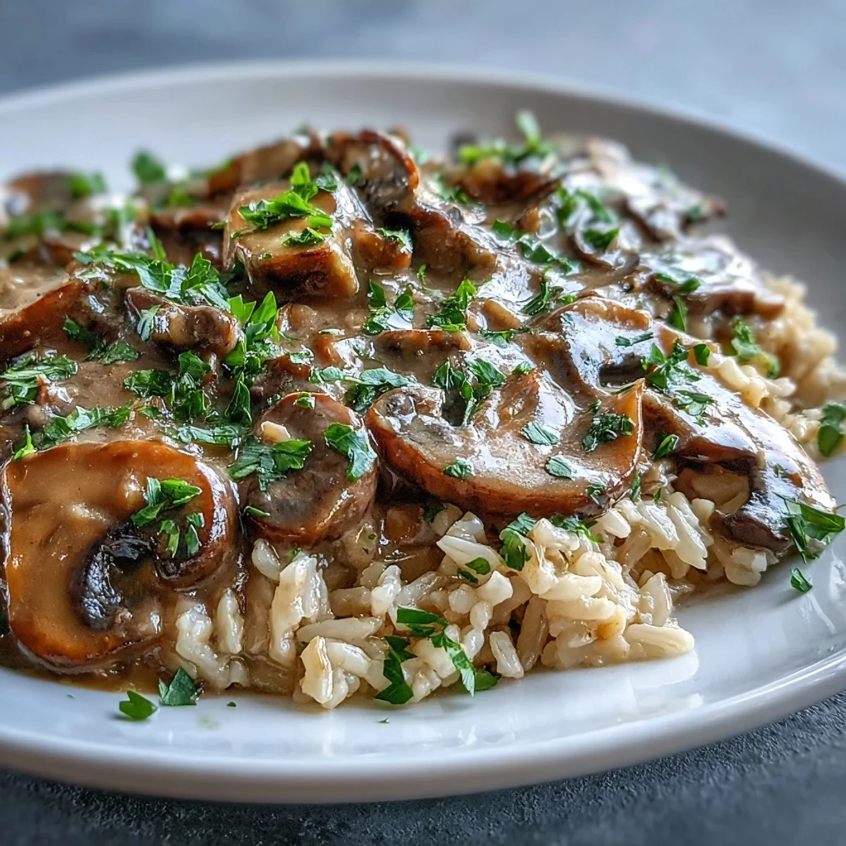 Freshly sautéed mushrooms and onions simmer in a creamy, savory Vegan Mushroom Stroganoff sauce, ready to spoon over fluffy brown rice.
