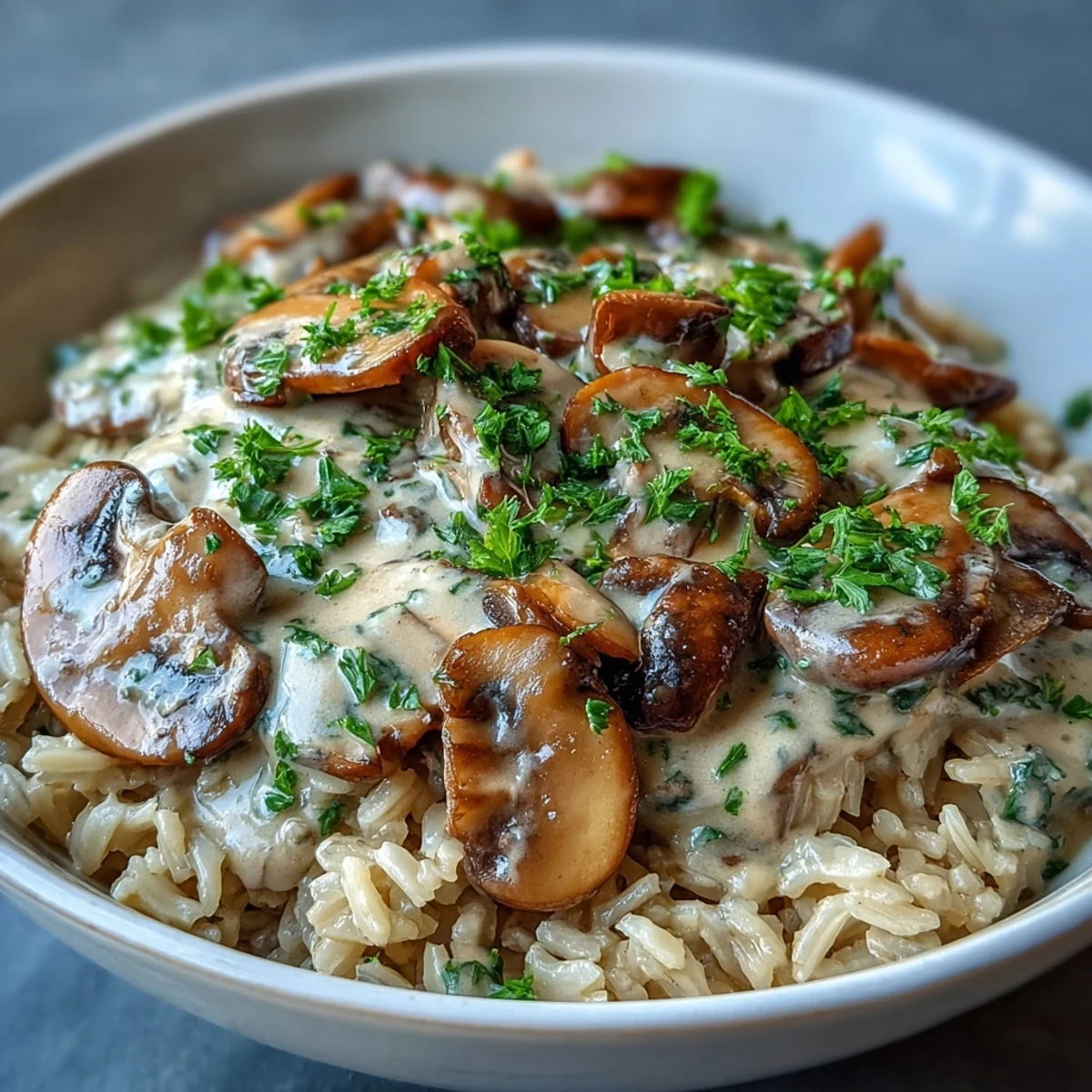 A generous serving of Vegan Mushroom Stroganoff over brown rice, topped with fresh parsley and a bright squeeze of lemon juice.