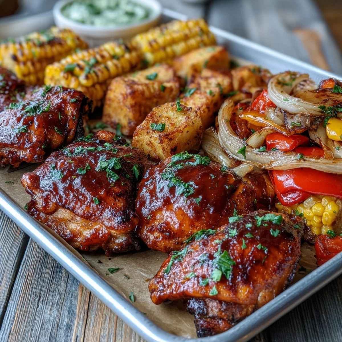 Golden-brown Sheet Pan BBQ Chicken thighs with roasted corn on the cob and colorful bell peppers glistening with barbecue sauce.