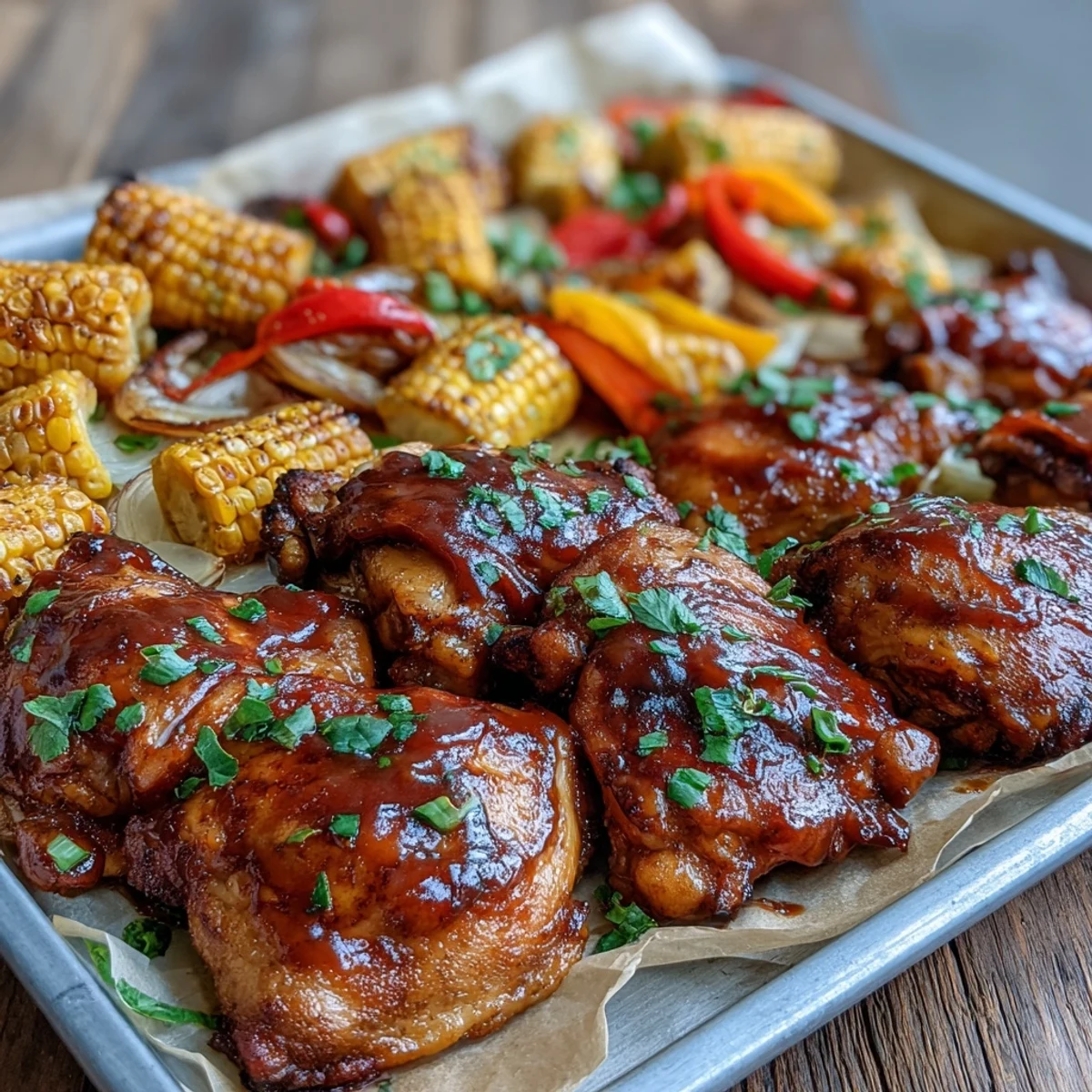 Family-style Sheet Pan BBQ Chicken served with tender roasted corn and bell peppers, perfect for a quick weeknight dinner.