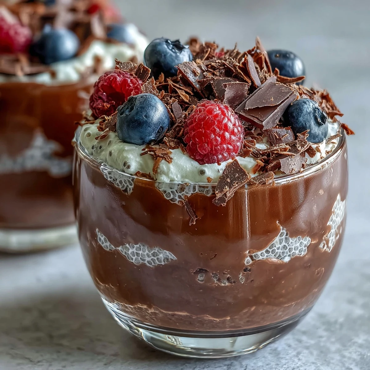 Clear parfait glasses showcase layers of rich chocolate chia pudding, airy coconut whip, and fresh raspberries.