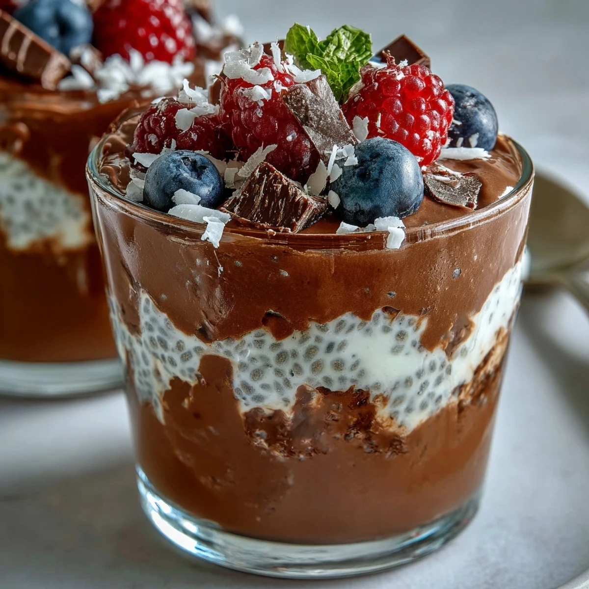 Vegan Chocolate Chia Pudding Parfaits with Coconut Whip topped with toasted coconut flakes and chocolate shavings.