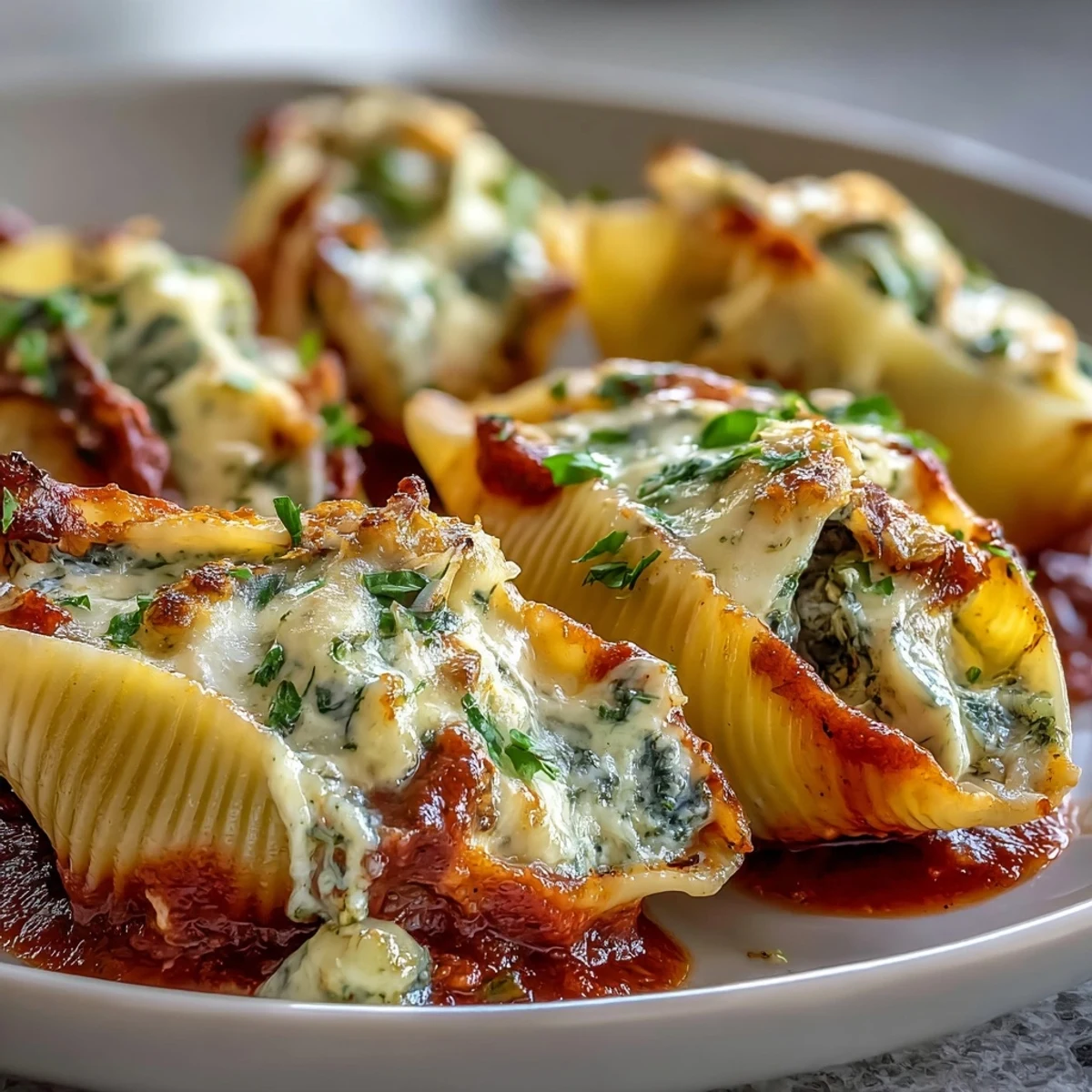 Golden baked Pesto Chicken Stuffed Shells Lite in a ceramic dish with melted mozzarella.