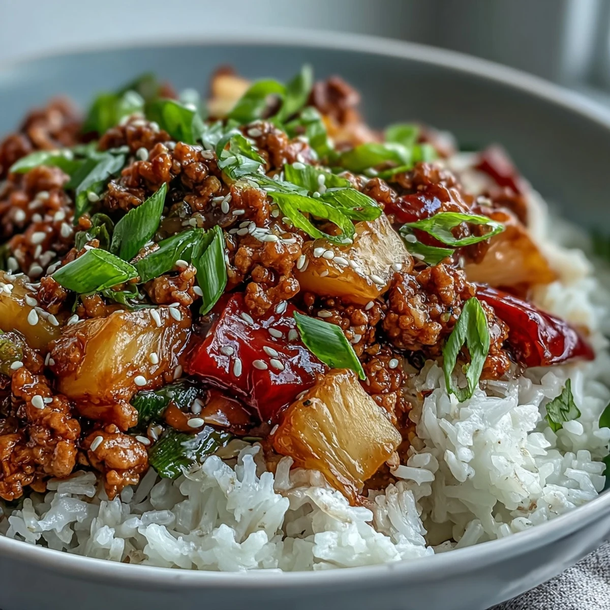 A close-up of Sweet-and-Sour Turkey Rice Skillet with caramelized ground turkey, vibrant peppers, and juicy pineapple chunks.