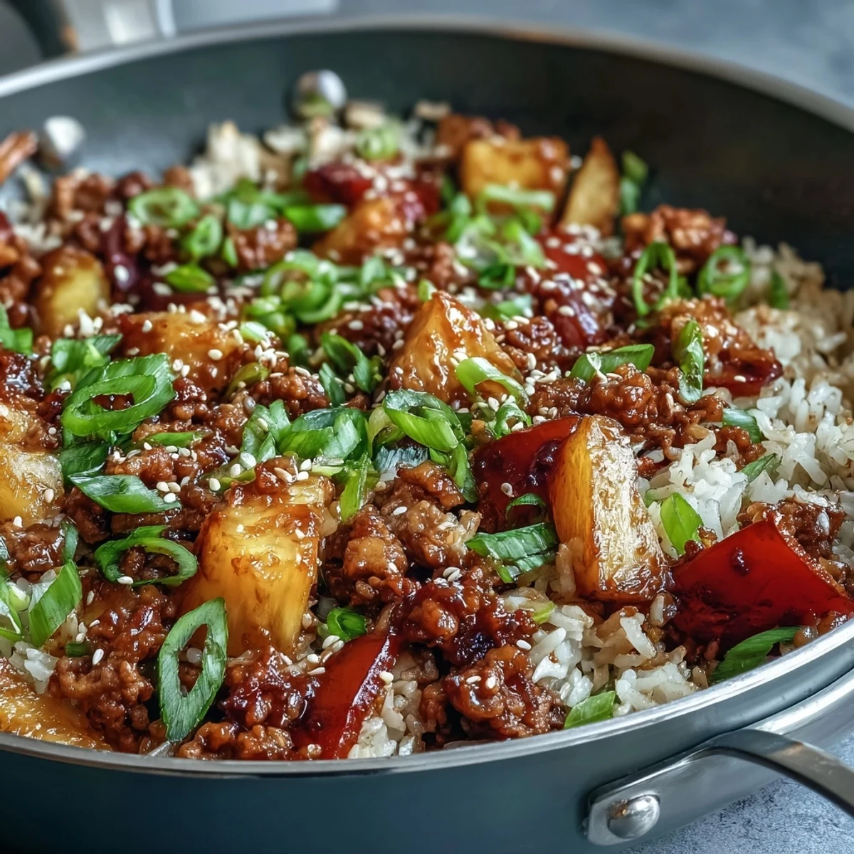 Golden rice and Korean-spiced ground turkey in a Sweet-and-Sour Turkey Rice Skillet, offering a sweet, tangy, and savory aroma.