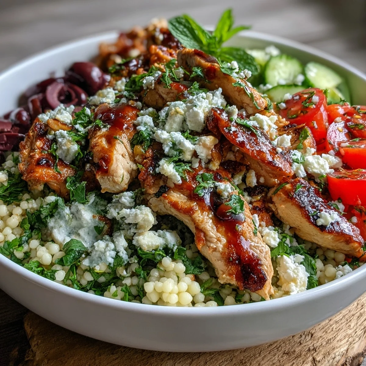 Freshly grilled lemon-feta chicken strips rest on Mediterranean Pearl Couscous Chicken Bowls with cucumber, olives, and herbs.