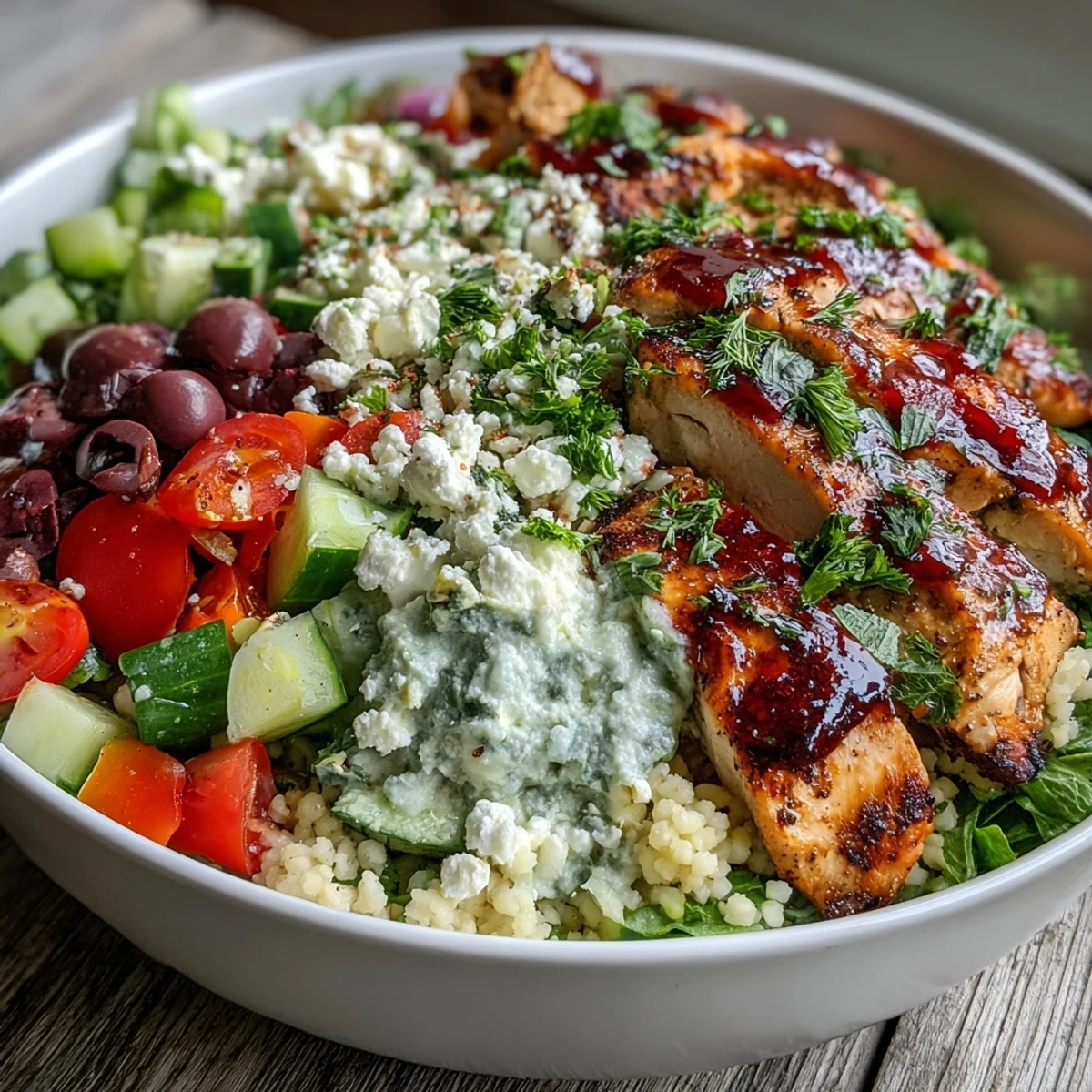 Close-up of Mediterranean Pearl Couscous Chicken Bowls featuring tender chicken pieces, crumbled feta, and a zesty lemon dressing.