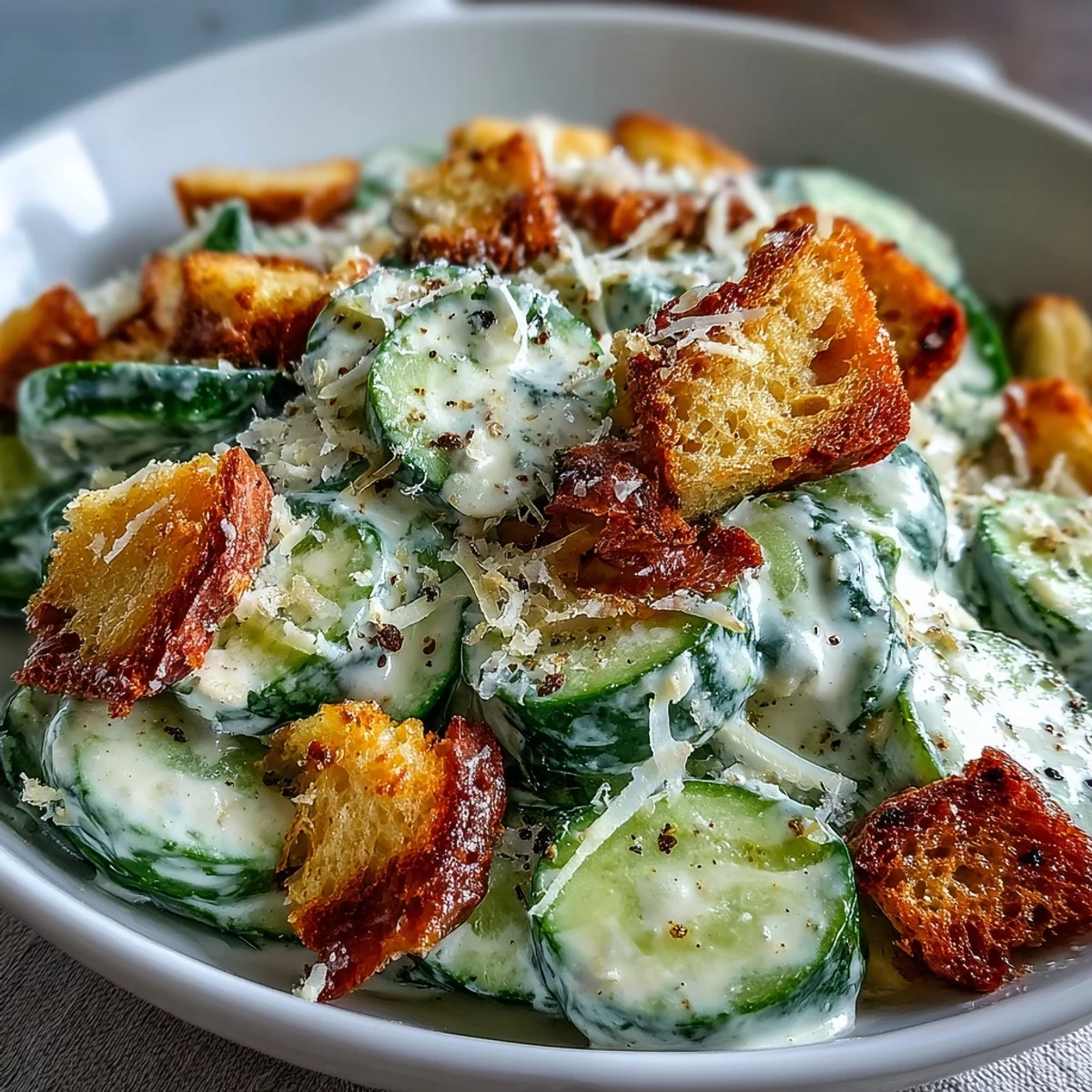 A refreshing cucumber Caesar salad with crisp cucumber slices tossed in creamy, tangy dressing, topped with crunchy croutons and Parmesan.