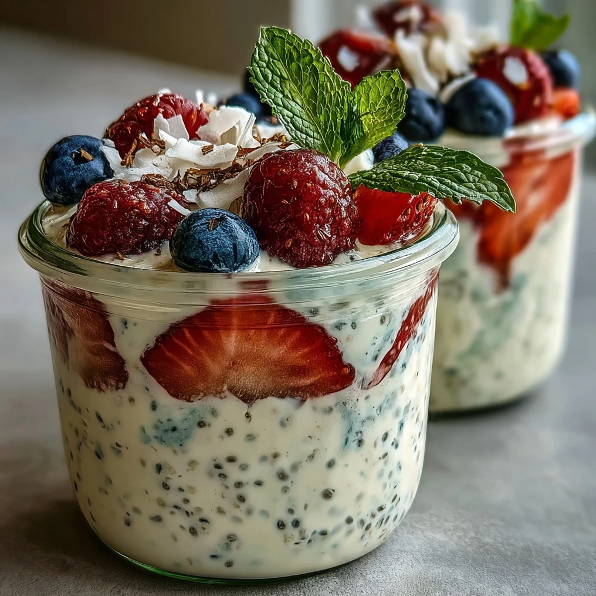 Vibrant layers of chia seed pudding and seasonal berries in glass jars, perfect for nutritious on-the-go snacks.  