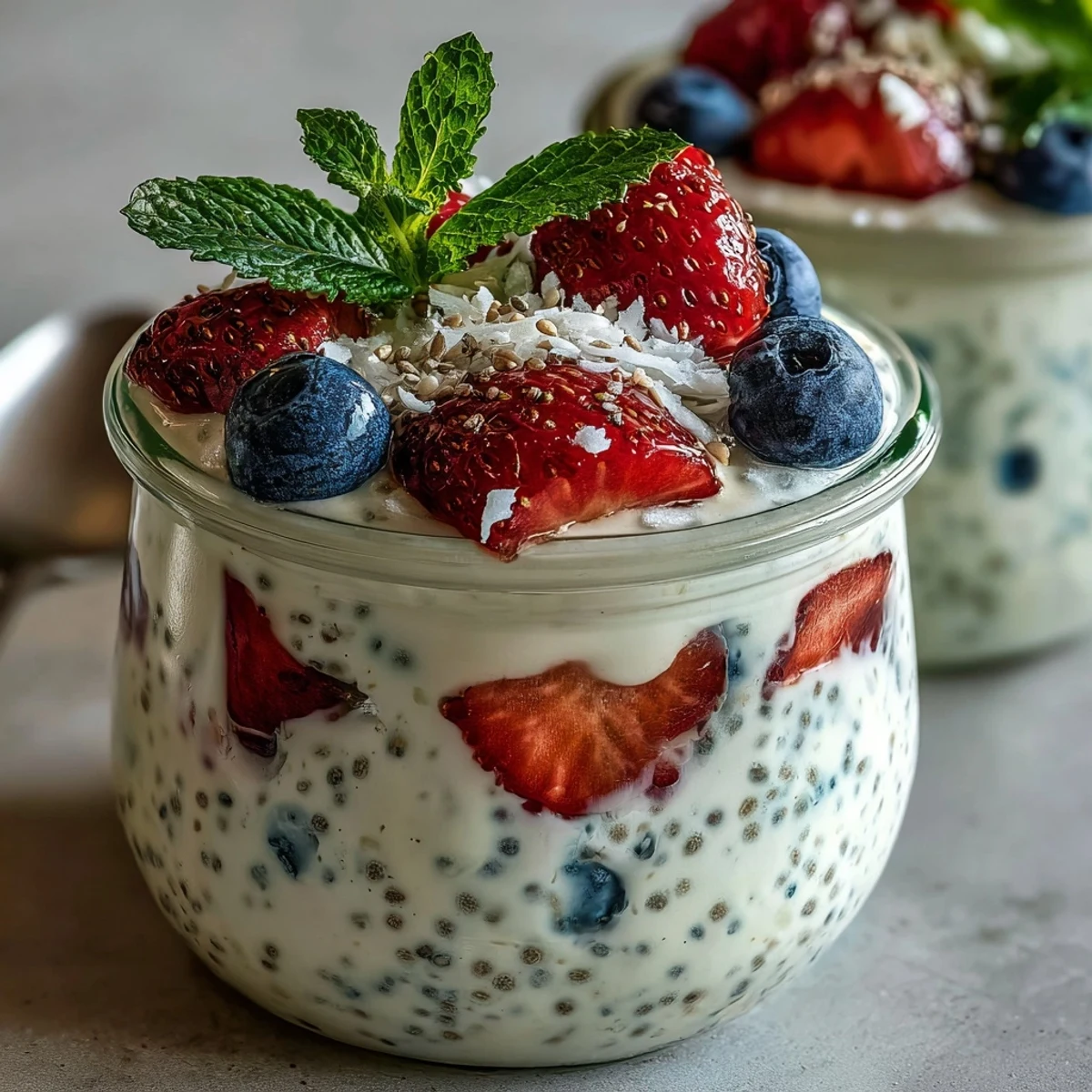 Make-ahead chia pudding cups with strawberries, blueberries, and raspberries, ideal for weight loss and clean eating.