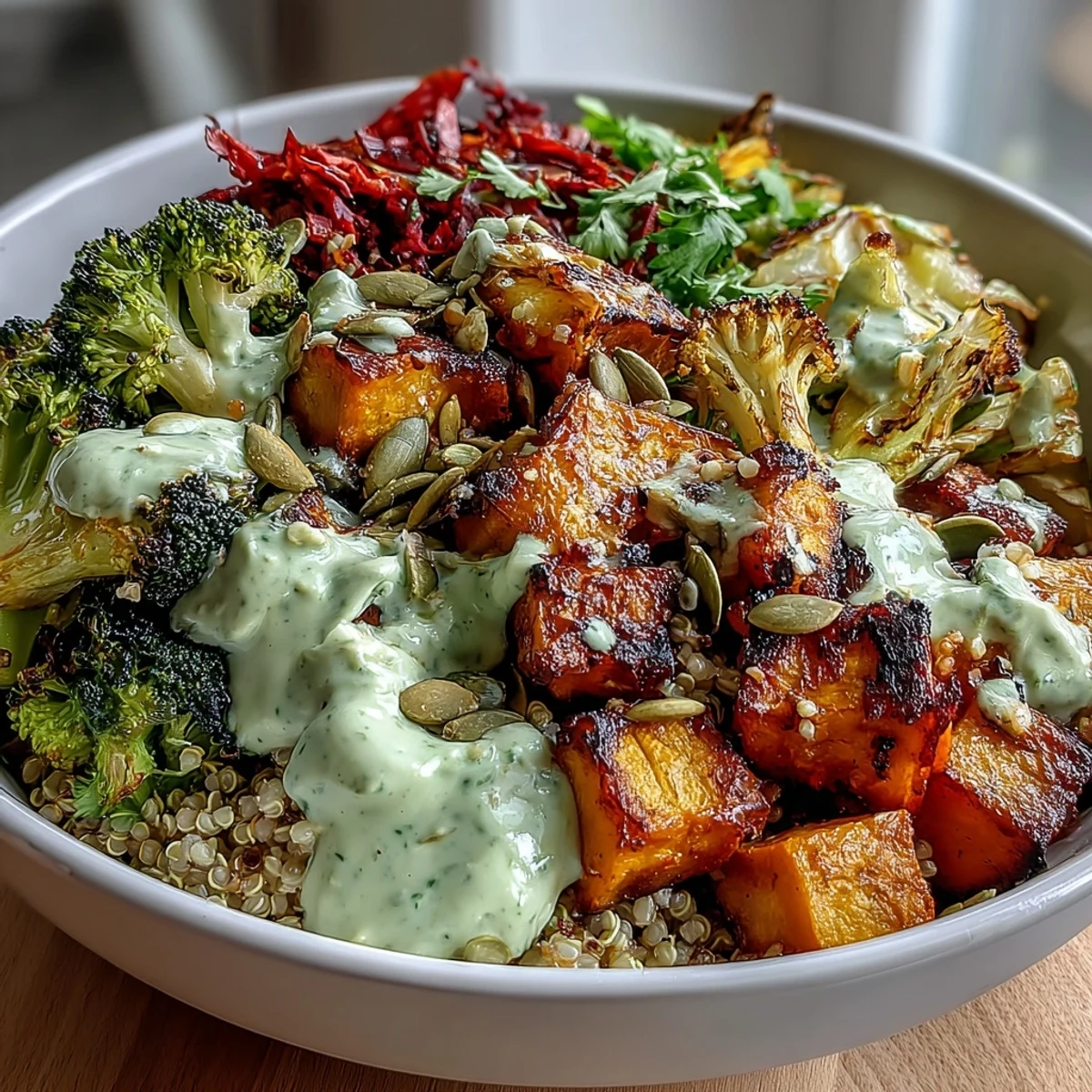 A colorful vegan Buddha bowl filled with roasted sweet potato, broccoli, and bell pepper, topped with creamy green goddess avocado dressing.  