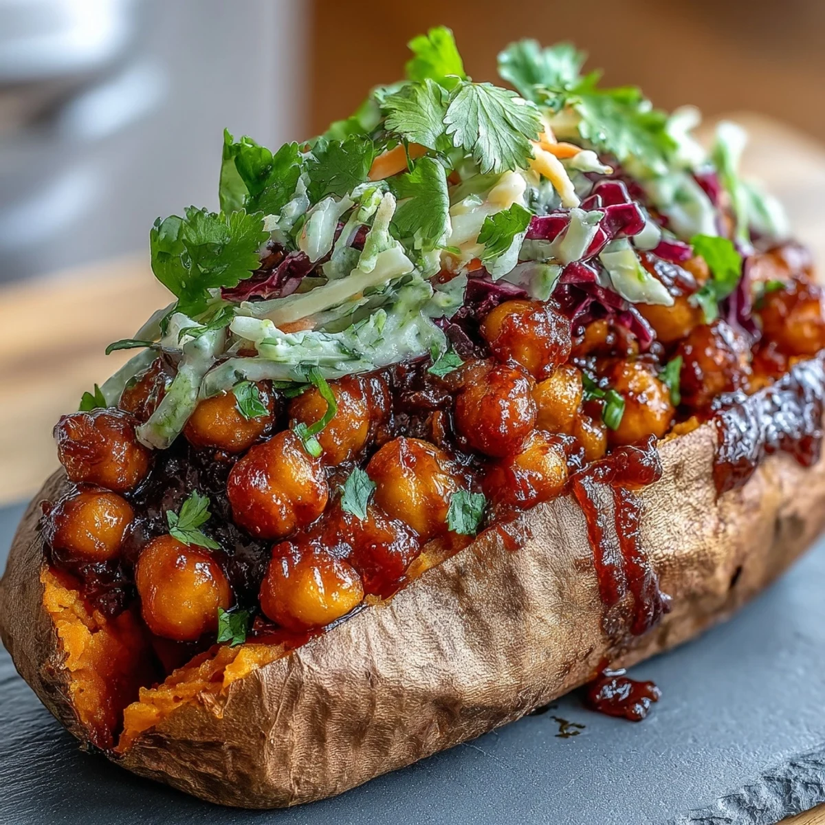 Close-up of a roasted sweet potato stuffed with BBQ chickpeas and vibrant cabbage slaw.