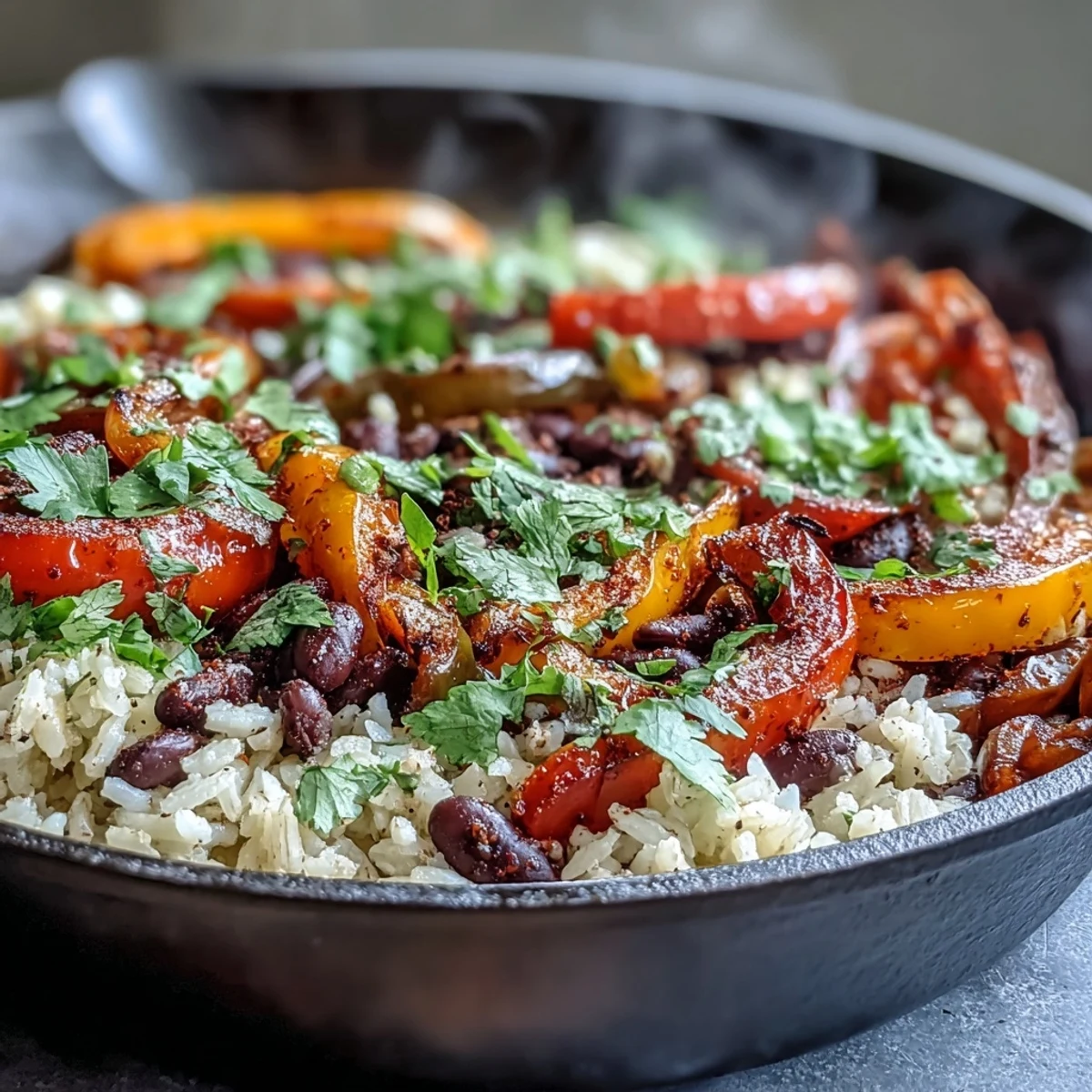 One-Pan Vegan Fajita Rice Skillet with colorful peppers and black beans, served hot and garnished with fresh cilantro and lime.  
