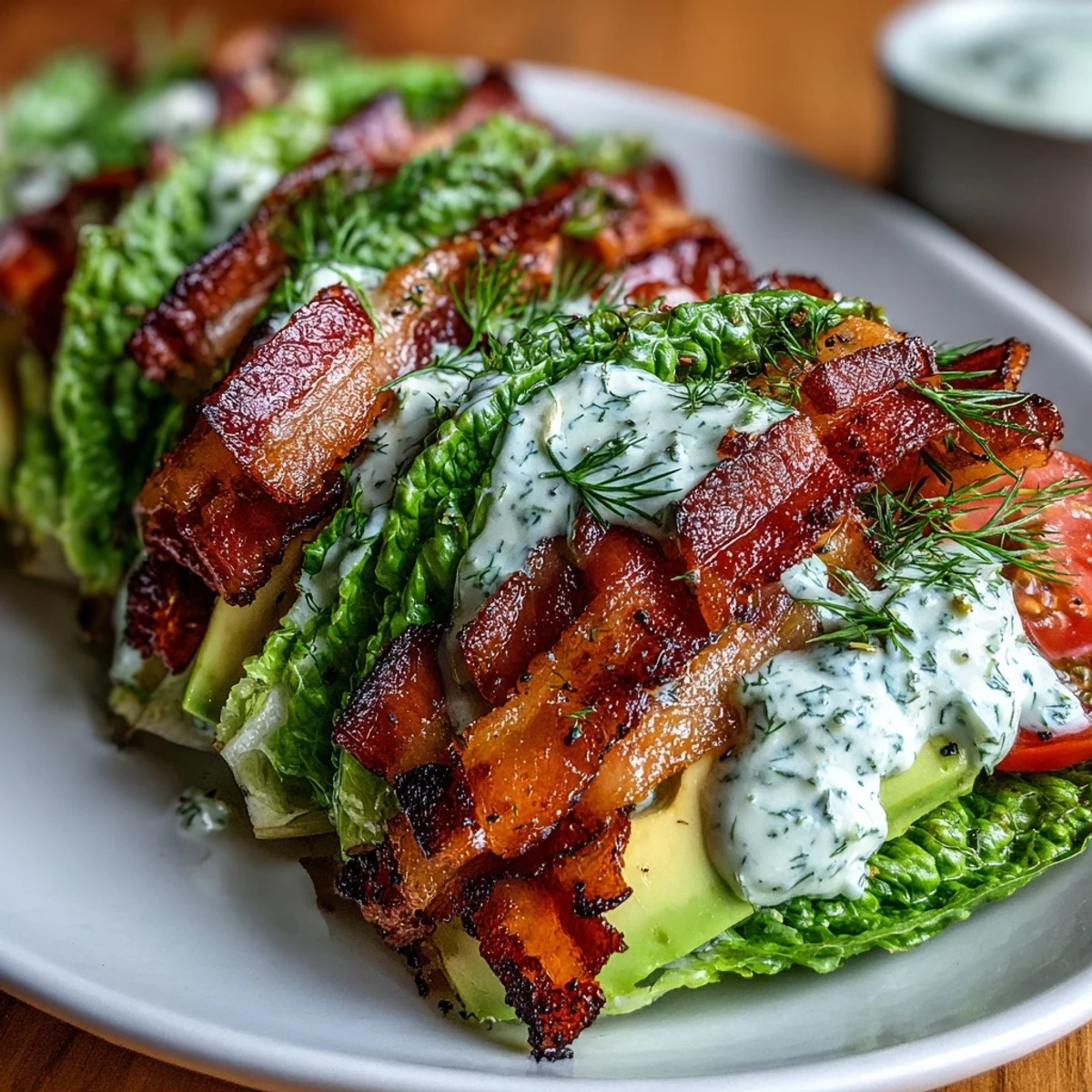 Keto BLT Lettuce Wraps with Garlic Mayo and Cracked Pepper, featuring crisp lettuce leaves filled with smoky bacon, juicy tomatoes, creamy avocado, and a punchy garlic mayo, topped with freshly cracked black pepper.